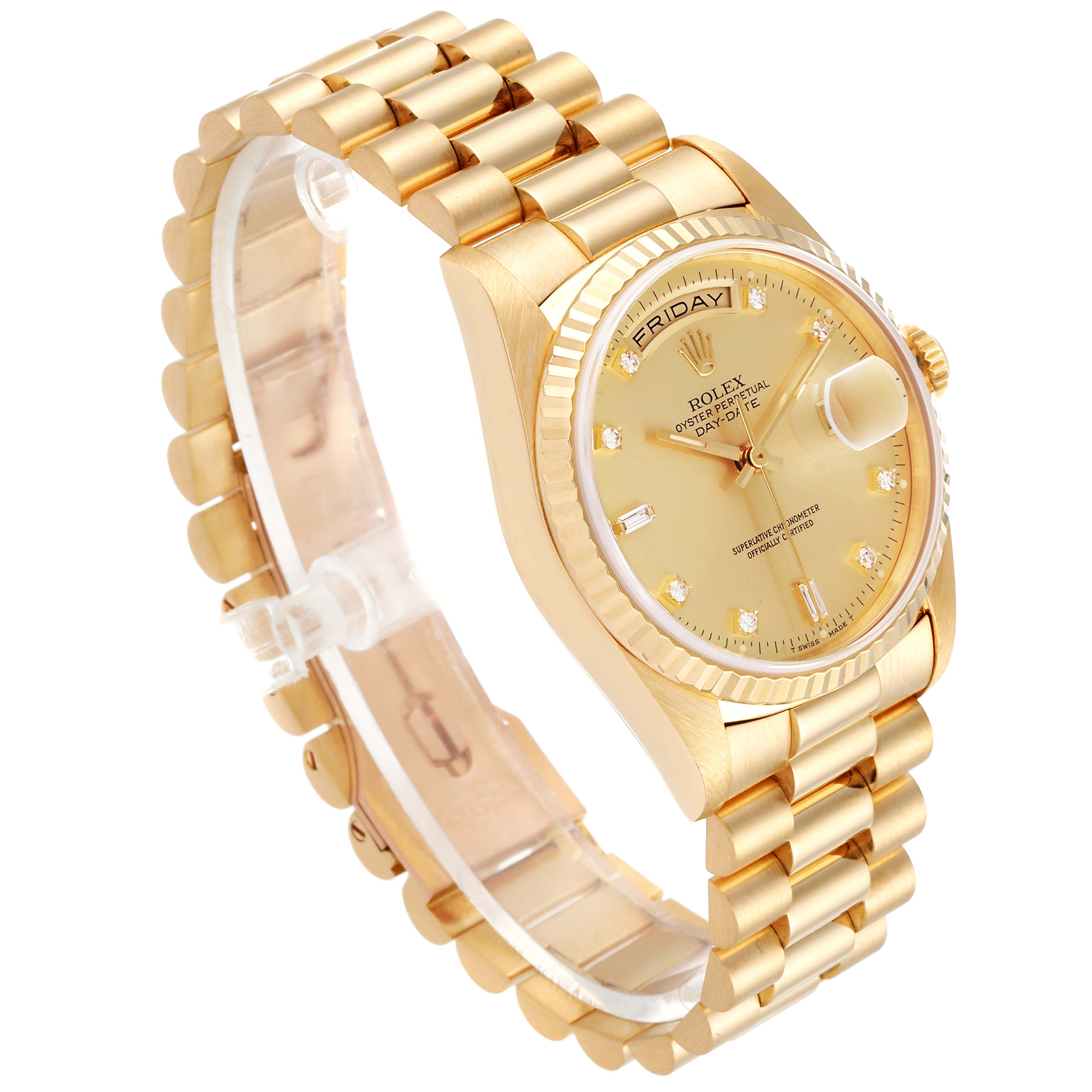 The Rolex President 18238 Men
s Yellow Gold Champagne Dial 18238 Men
s Yellow Gold Champagne Dial model watch is shown from an angled side view, highlighting the dial, bracelet, and crown.