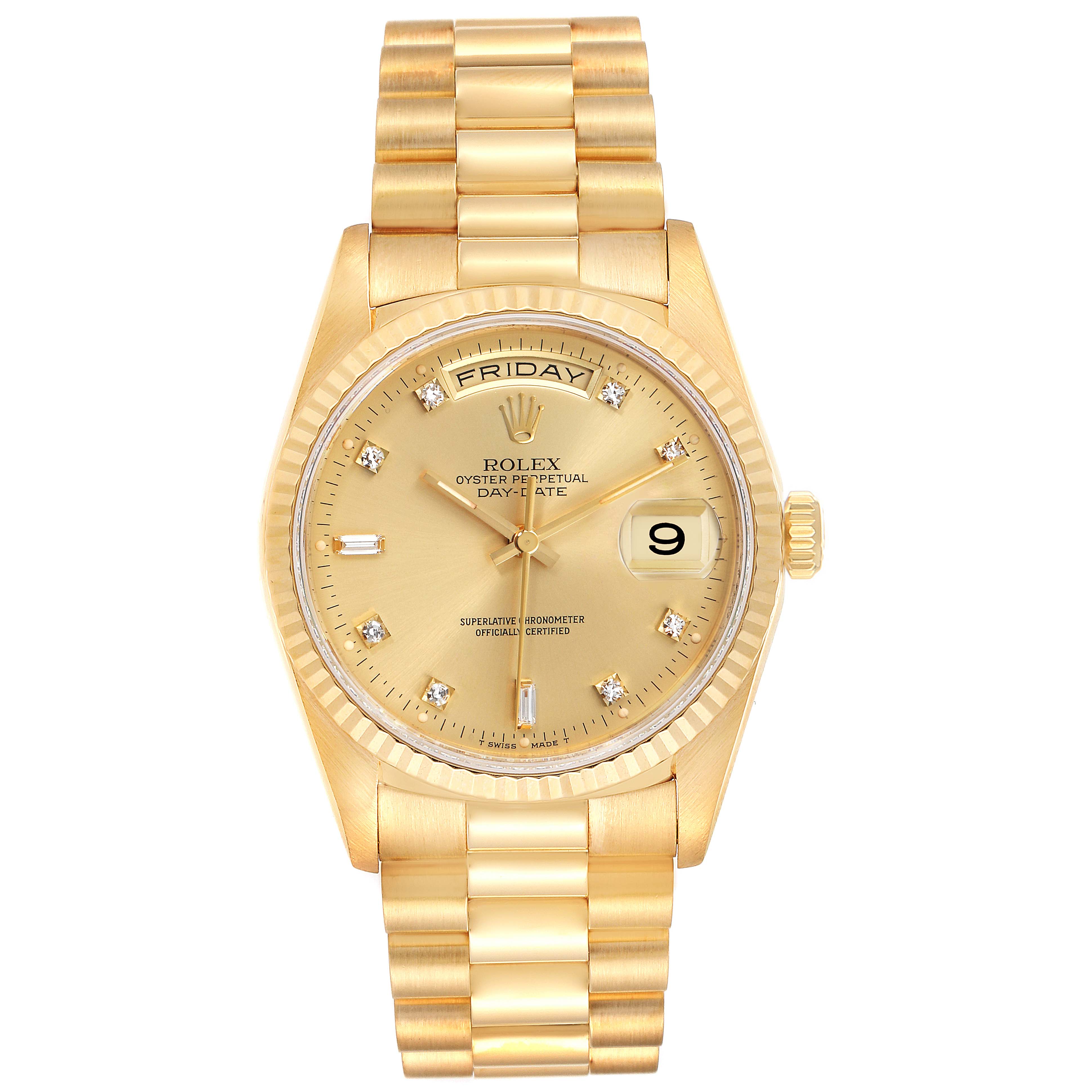 This image shows a front view of a Rolex President 18238 Men
s Yellow Gold Champagne Dial 18238 Men
s Yellow Gold Champagne Dial model watch, highlighting its gold bracelet, dial, and date display.