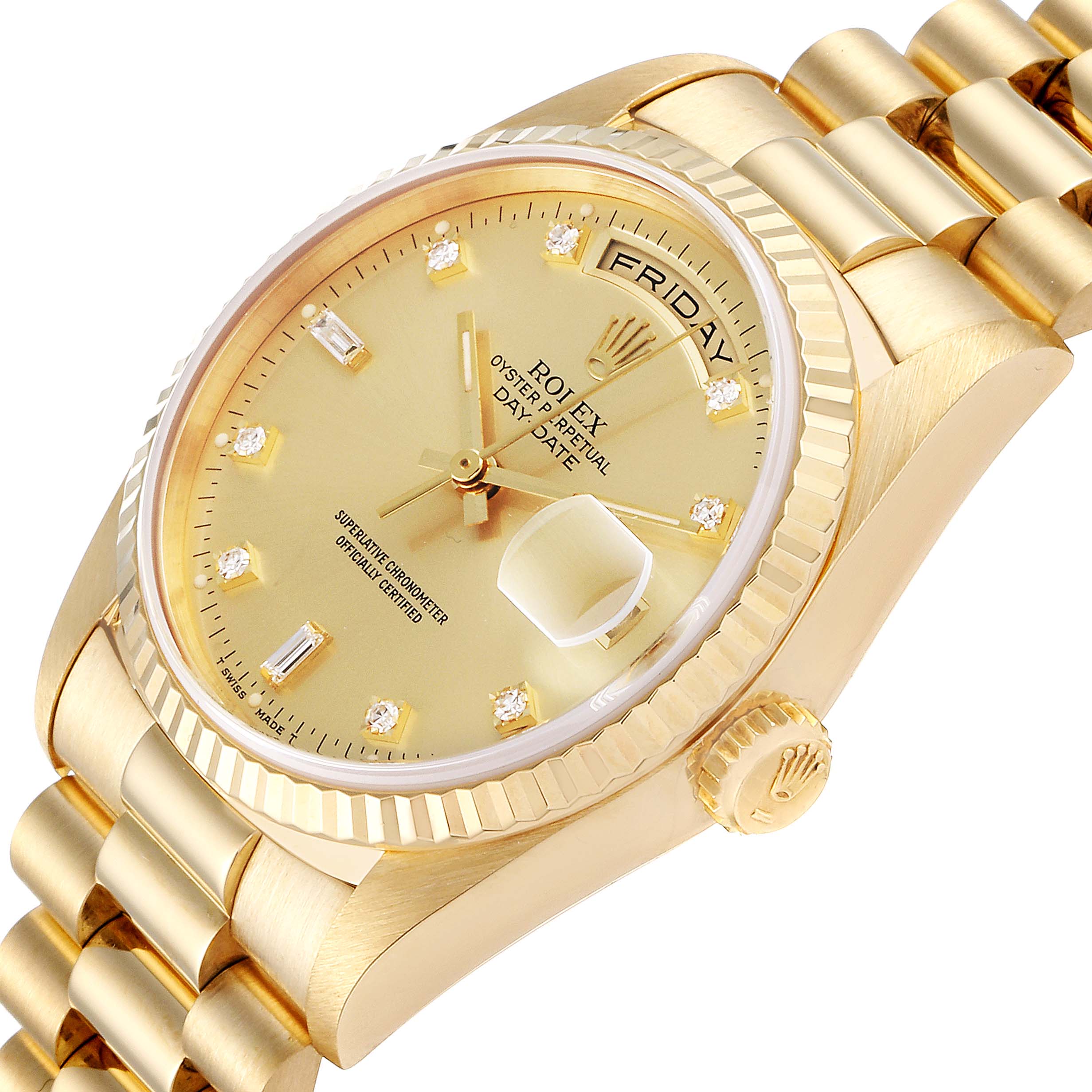 The image shows a close-up, angled view of the Rolex President 18238 Men
s Yellow Gold Champagne Dial 18238 Men
s Yellow Gold Champagne Dial model watch
s dial, bezel, crown, and part of the bracelet.