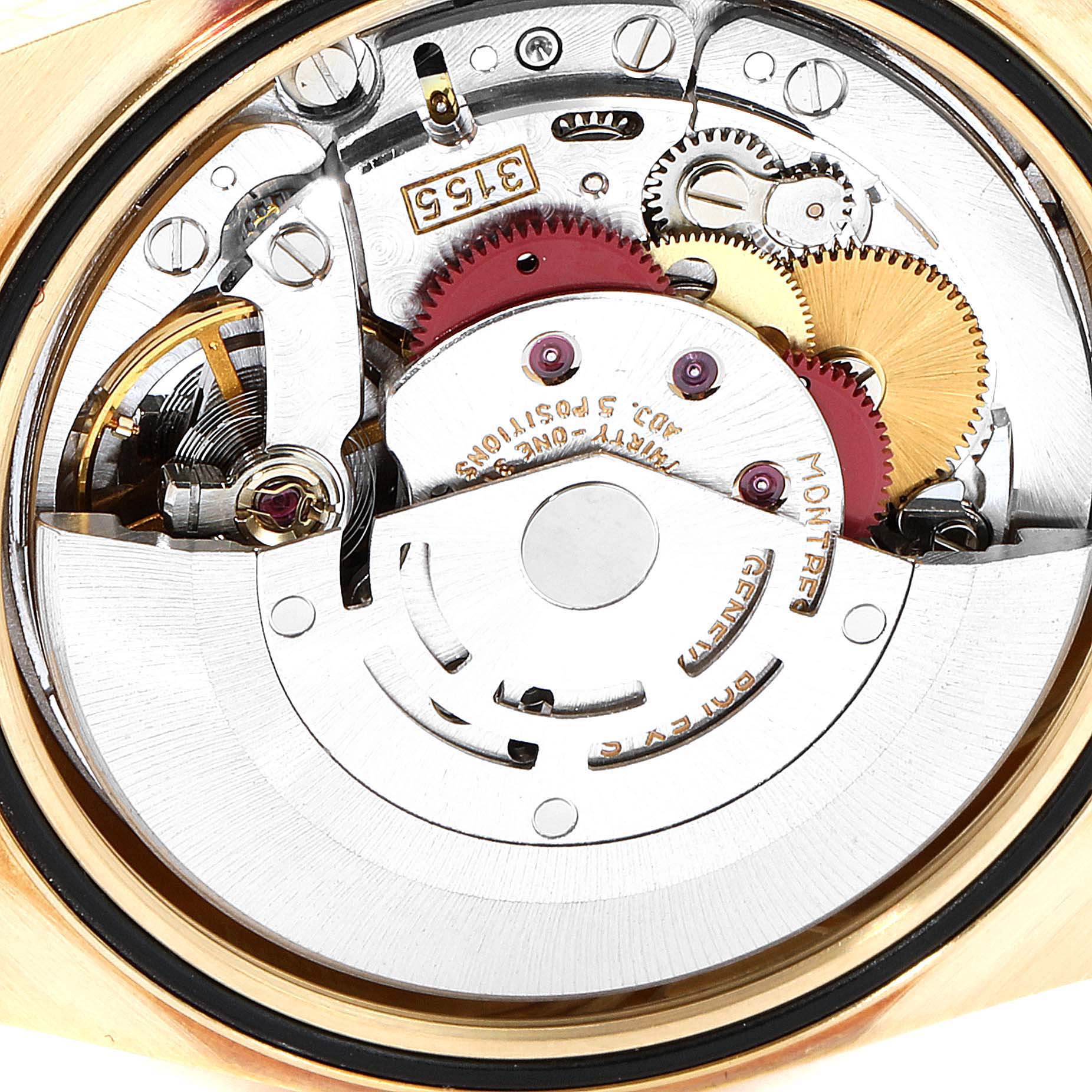 This image shows the internal mechanism of the Rolex President 18238 Men
s Yellow Gold Champagne Dial 18238 Men
s Yellow Gold Champagne Dial watch model at a close-up angle.