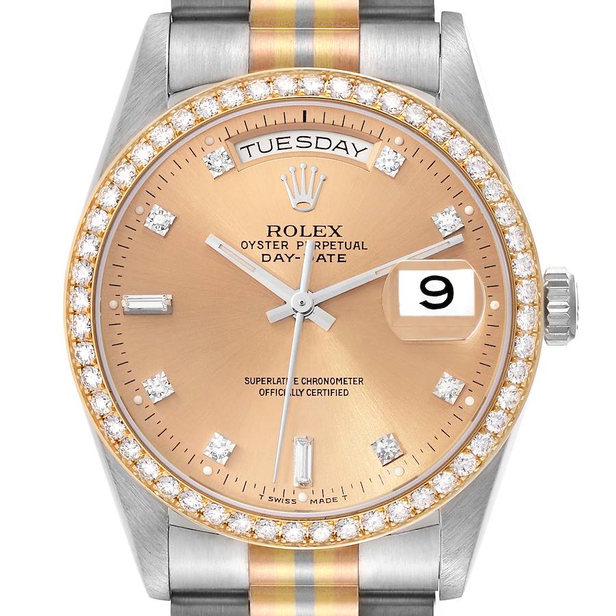 Rolex President Day-Date Tridor White Yellow Rose Gold Diamond Mens Watch 18349 SwissWatchExpo