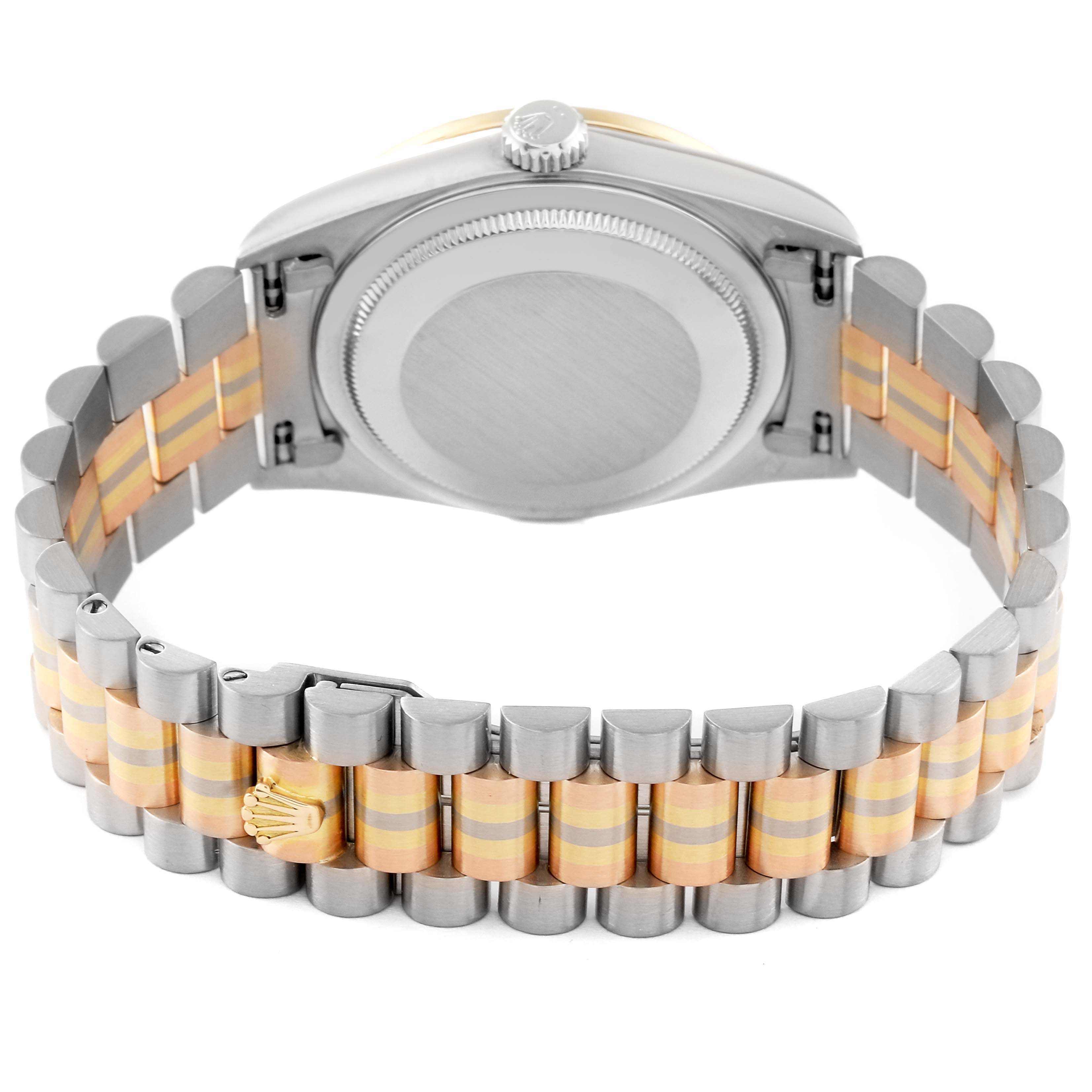 The image shows the case back and bracelet of a Rolex President 18349 Men
s White Gold Champagne Dial 18349 Men
s White Gold Champagne Dial model watch from a rear angle.