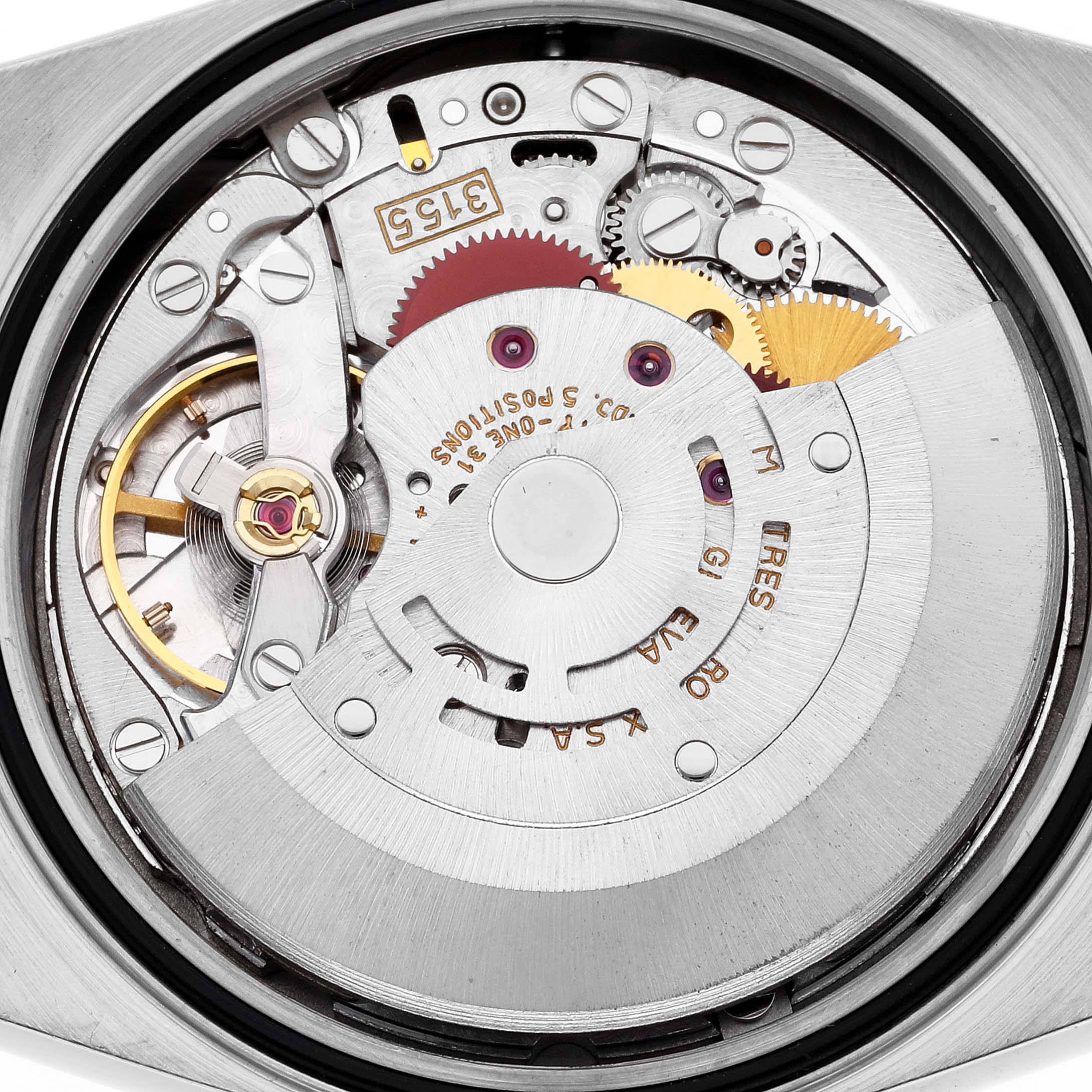 This image shows the interior mechanical movement of a Rolex President 18349 Men
s White Gold Champagne Dial 18349 Men
s White Gold Champagne Dial model watch, viewed from the back.
