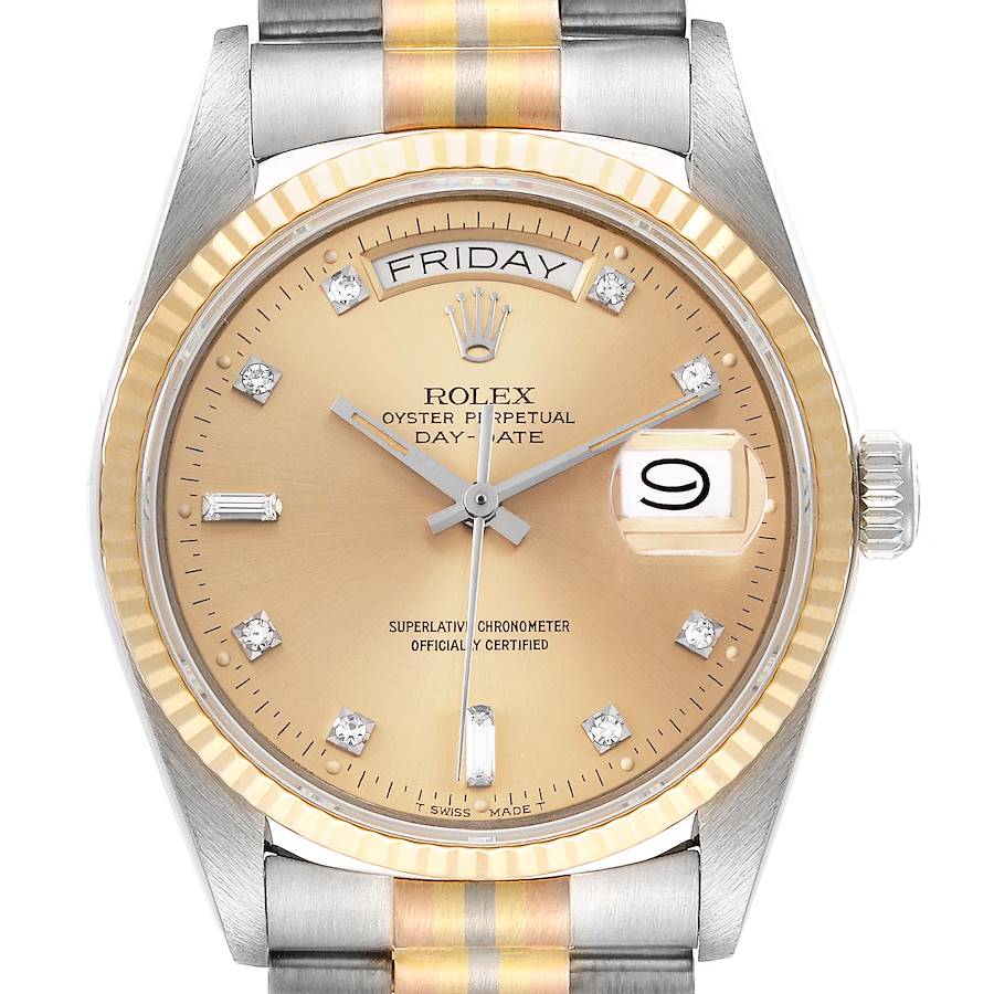 Rolex President Day-Date Tridor White Yellow Rose Gold Diamond Watch 18039 SwissWatchExpo