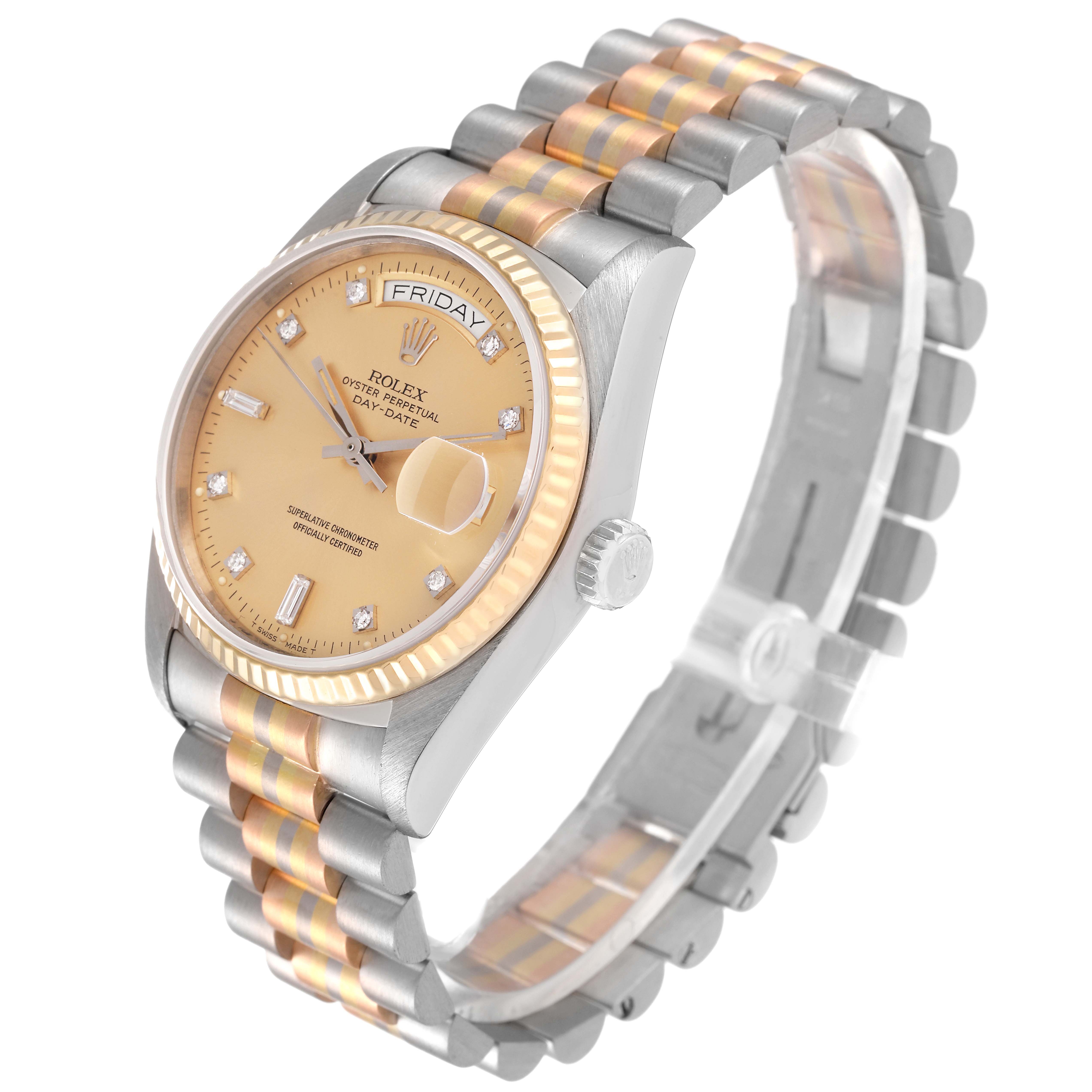 The image shows a Rolex President 18039B Men's White Gold Brown Dial 18039B Men's White Gold Brown Dial model watch at a three-quarter angle, displaying its face, bezel, crown, and bracelet clearly.