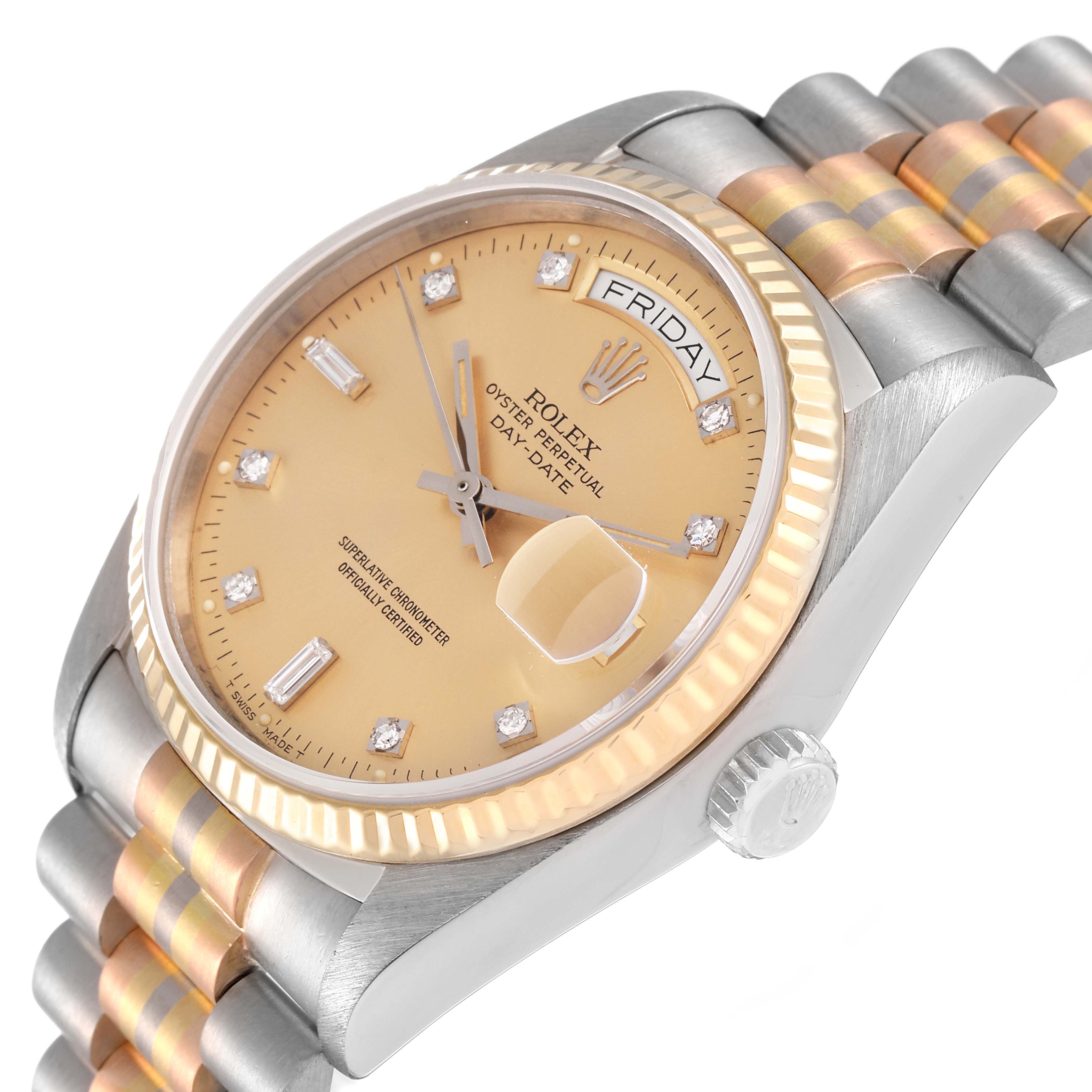 The image shows a Rolex President 18039B Men's White Gold Brown Dial 18039B Men's White Gold Brown Dial model watch from a slight angle, highlighting the face, bezel, and two-tone bracelet.