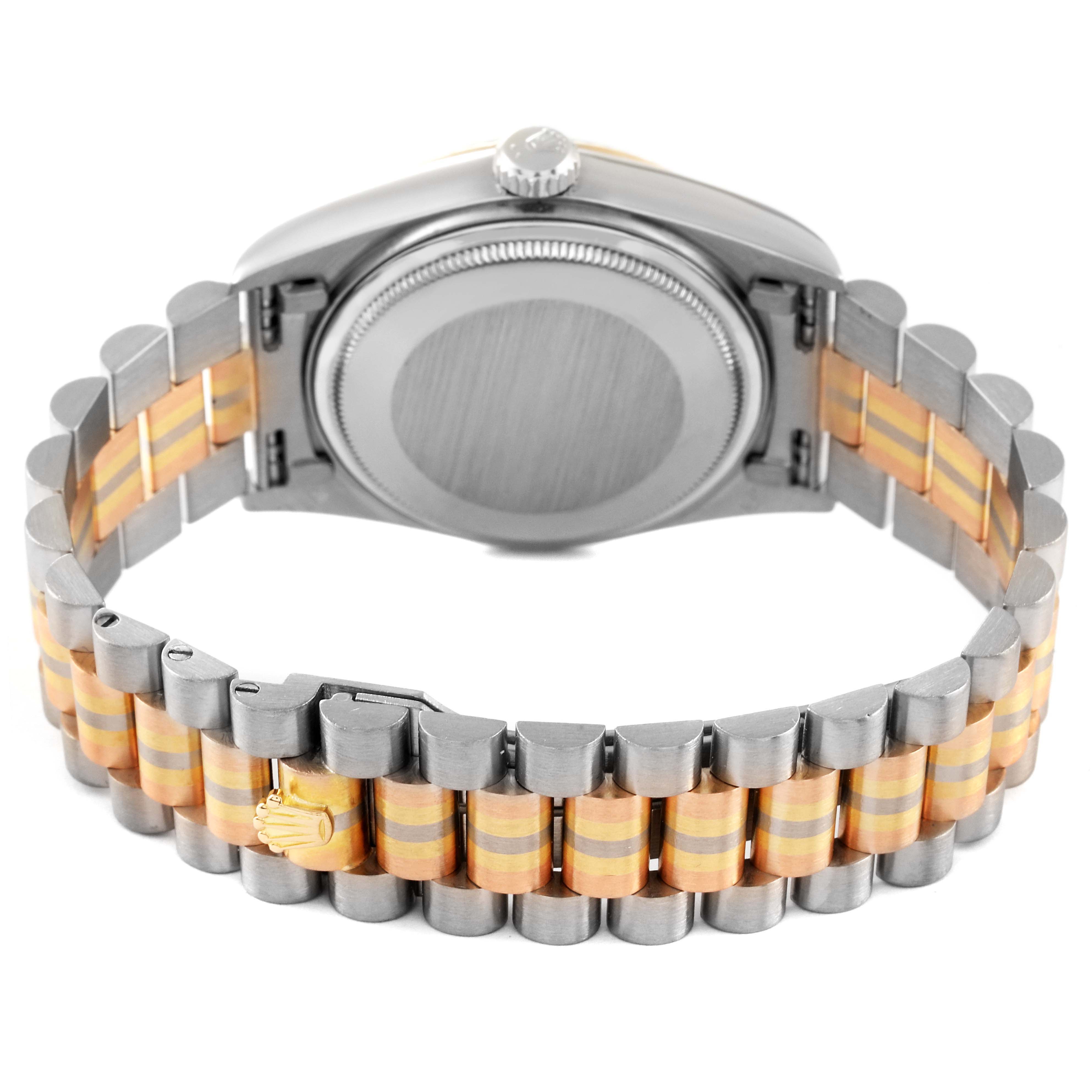 This image shows the back view of the Rolex President 18039B Men's White Gold Brown Dial 18039B Men's White Gold Brown Dial model watch, highlighting the case back, crown, and two-tone bracelet.