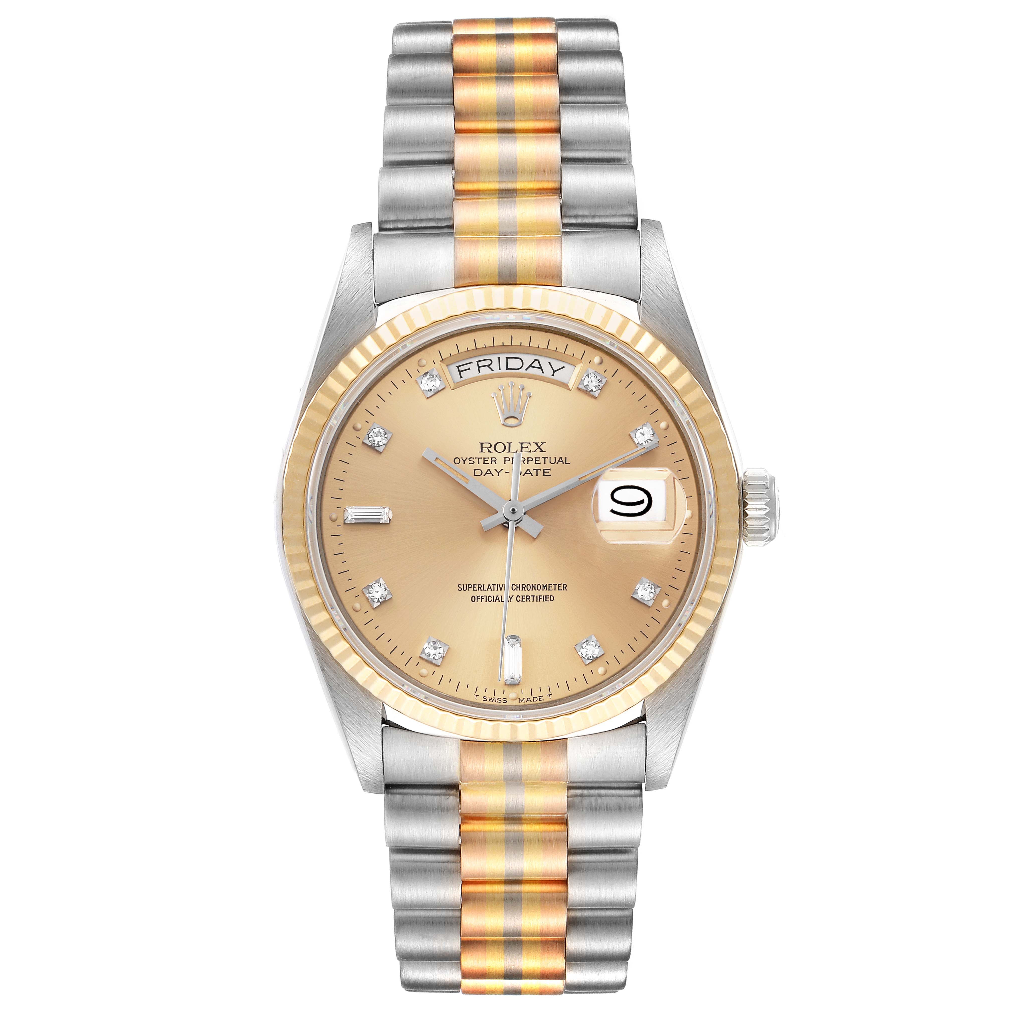 This image exhibits a front view of a Rolex President 18039B Men's White Gold Brown Dial 18039B Men's White Gold Brown Dial model watch, showcasing its dial, bezel, and bracelet.