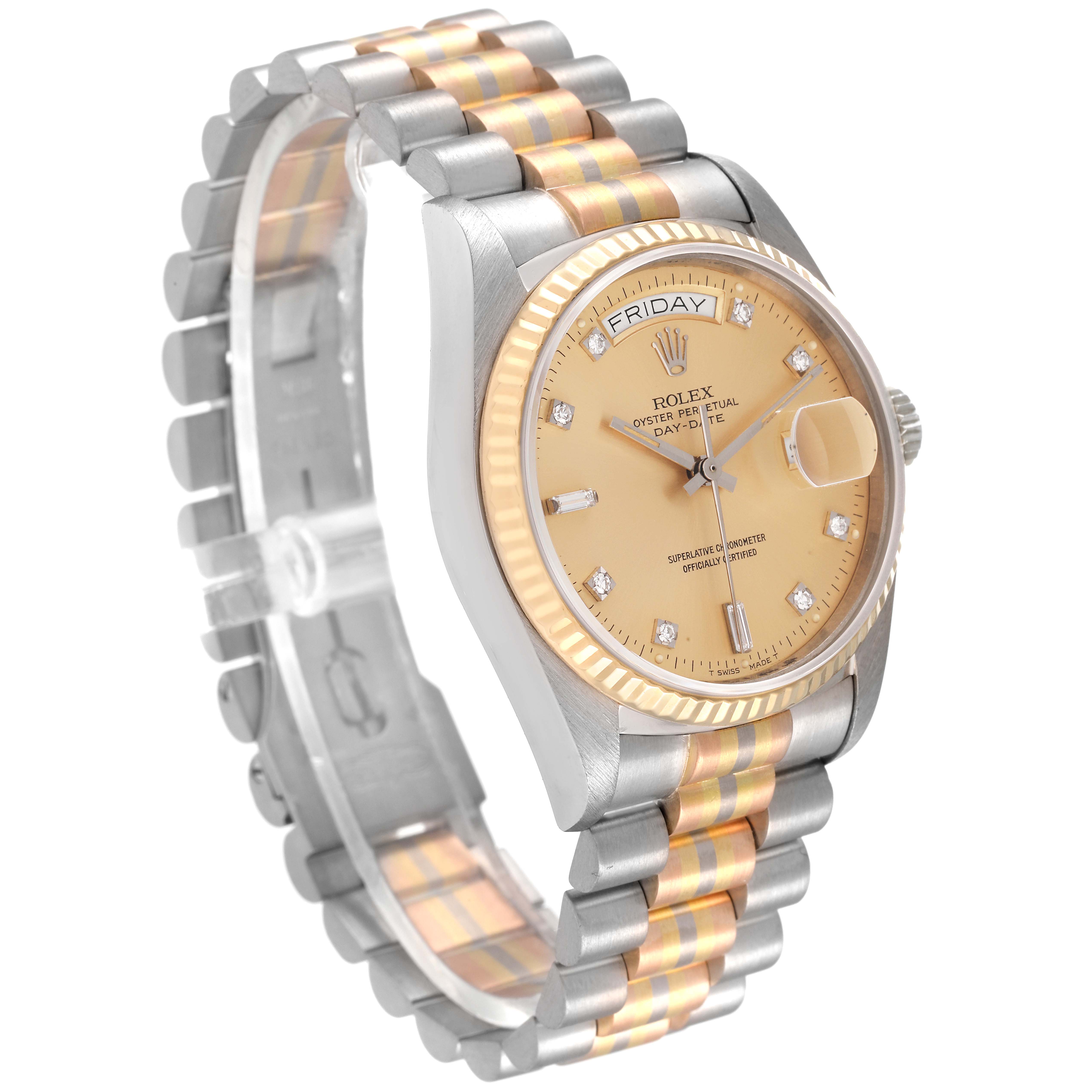 The Rolex President 18039B Men's White Gold Brown Dial 18039B Men's White Gold Brown Dial model watch is shown at a 3/4 angle, displaying its face, case, and bi-metal bracelet.