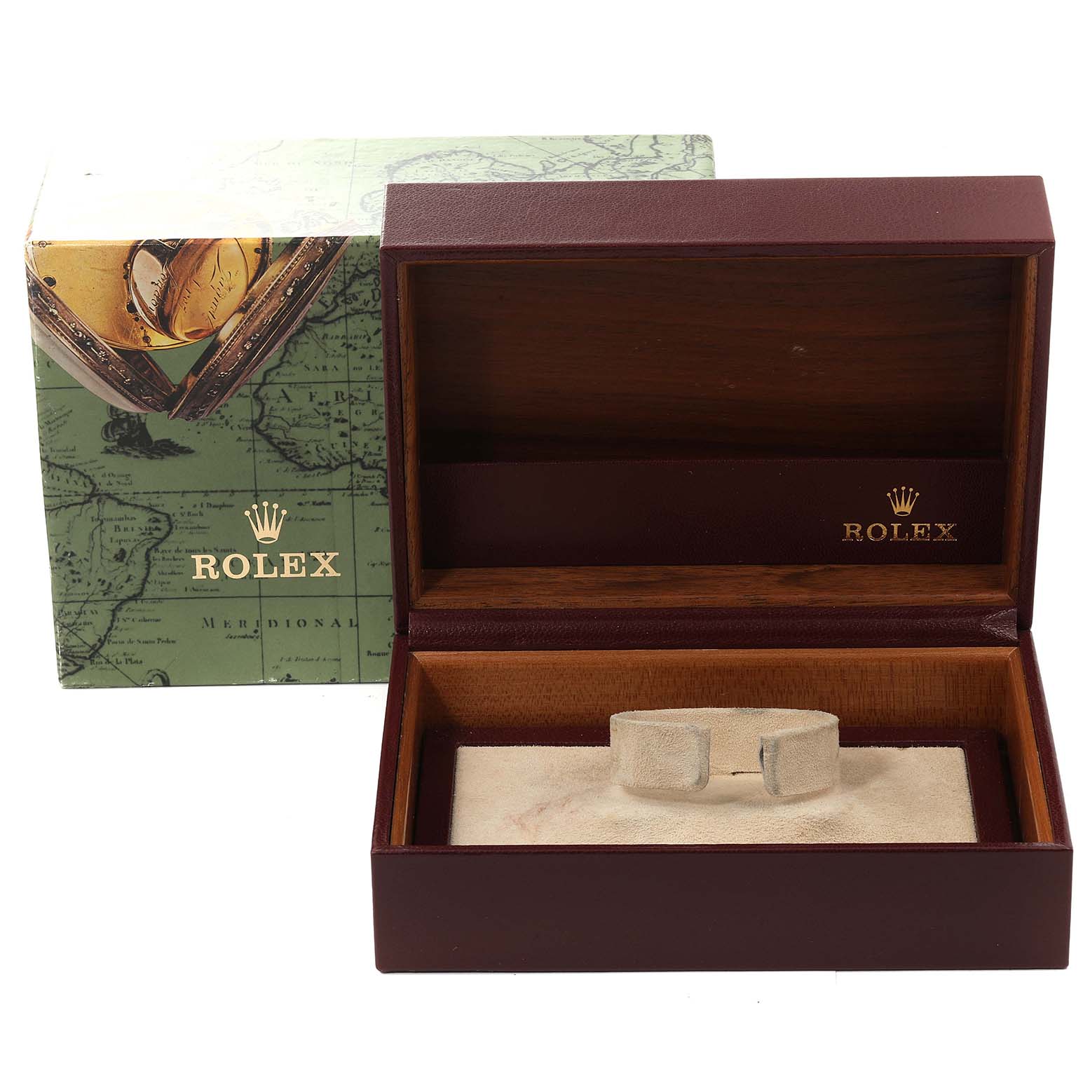 The image shows an empty Rolex President 18039B Men's White Gold Brown Dial 18039B Men's White Gold Brown Dial model watch box and outer packaging, viewed from the front.