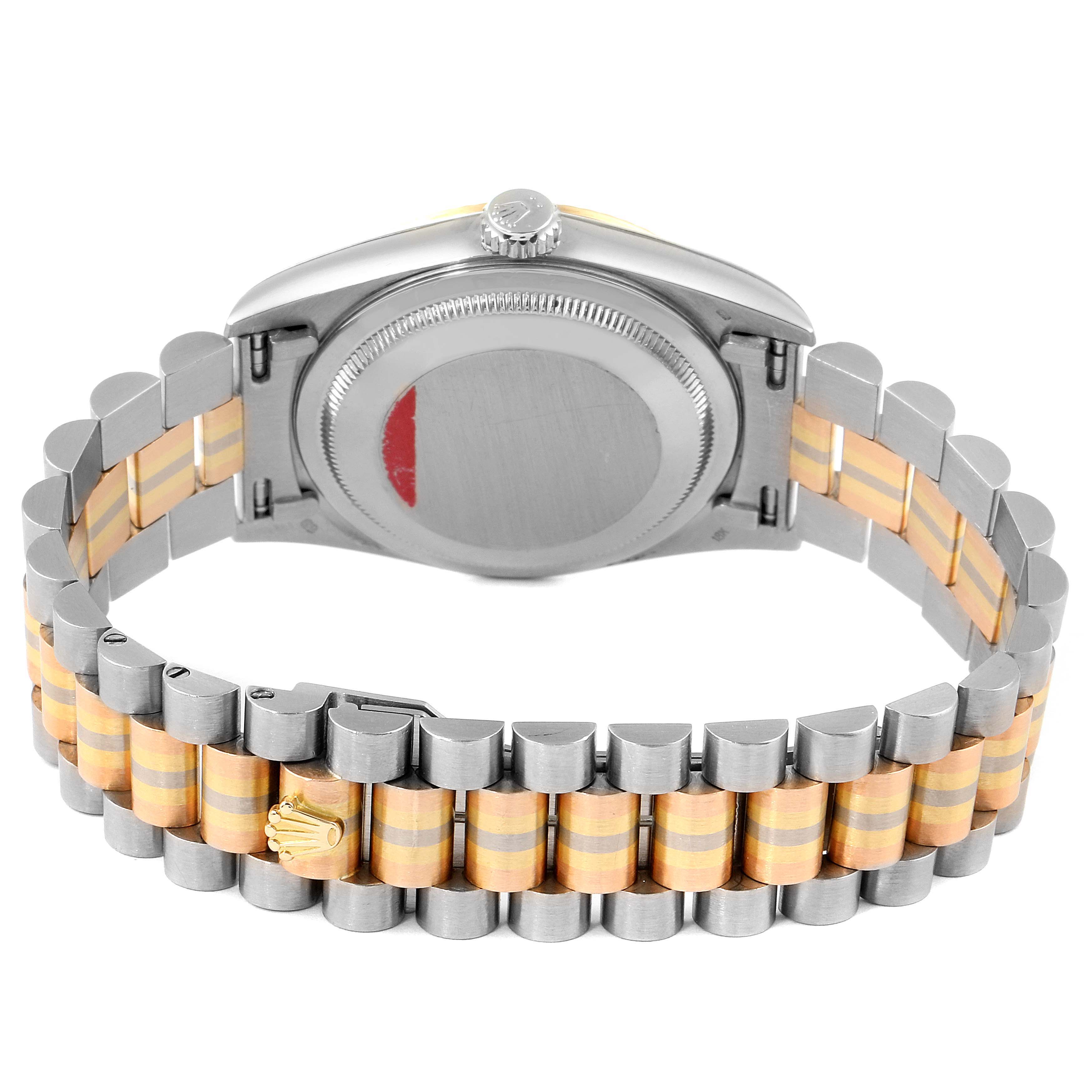 The image shows the back view of a Rolex President 18239 Men's White Gold Brown Dial 18239 Men's White Gold Brown Dial model watch, highlighting the case back, crown, and two-tone metal bracelet.