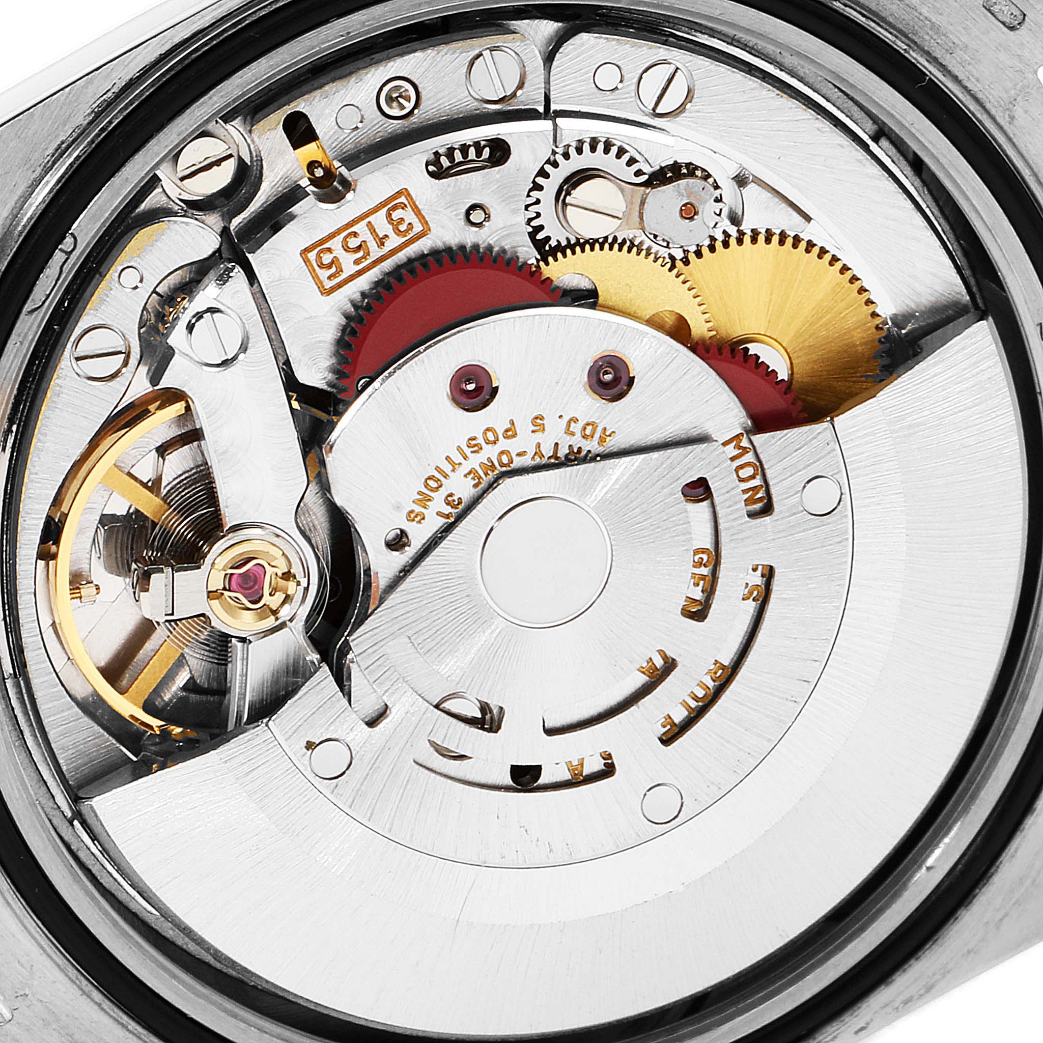 The image shows the internal mechanical movement of a Rolex President 18239 Men's White Gold Brown Dial 18239 Men's White Gold Brown Dial model watch from an overhead angle.