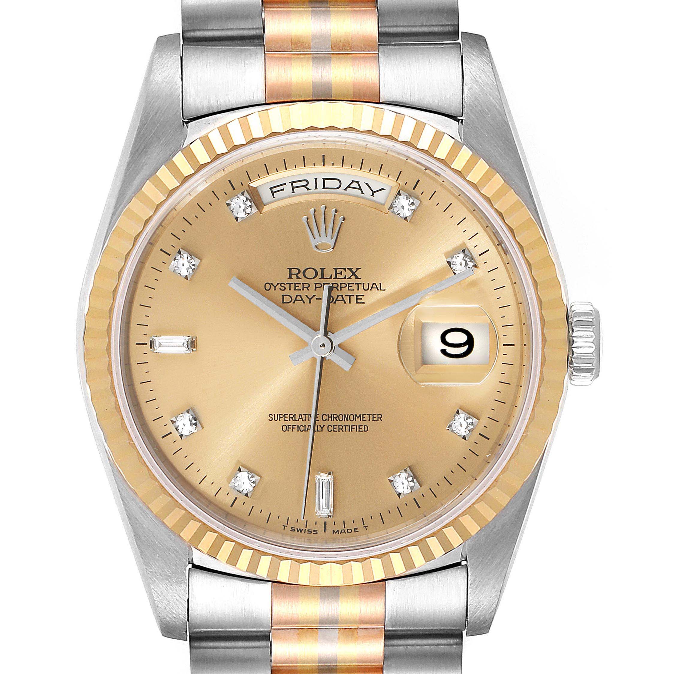 The image shows a front view of a Rolex President 18239 Men's White Gold Brown Dial 18239 Men's White Gold Brown Dial model watch, displaying the dial, bezel, crown, and part of the bracelet.