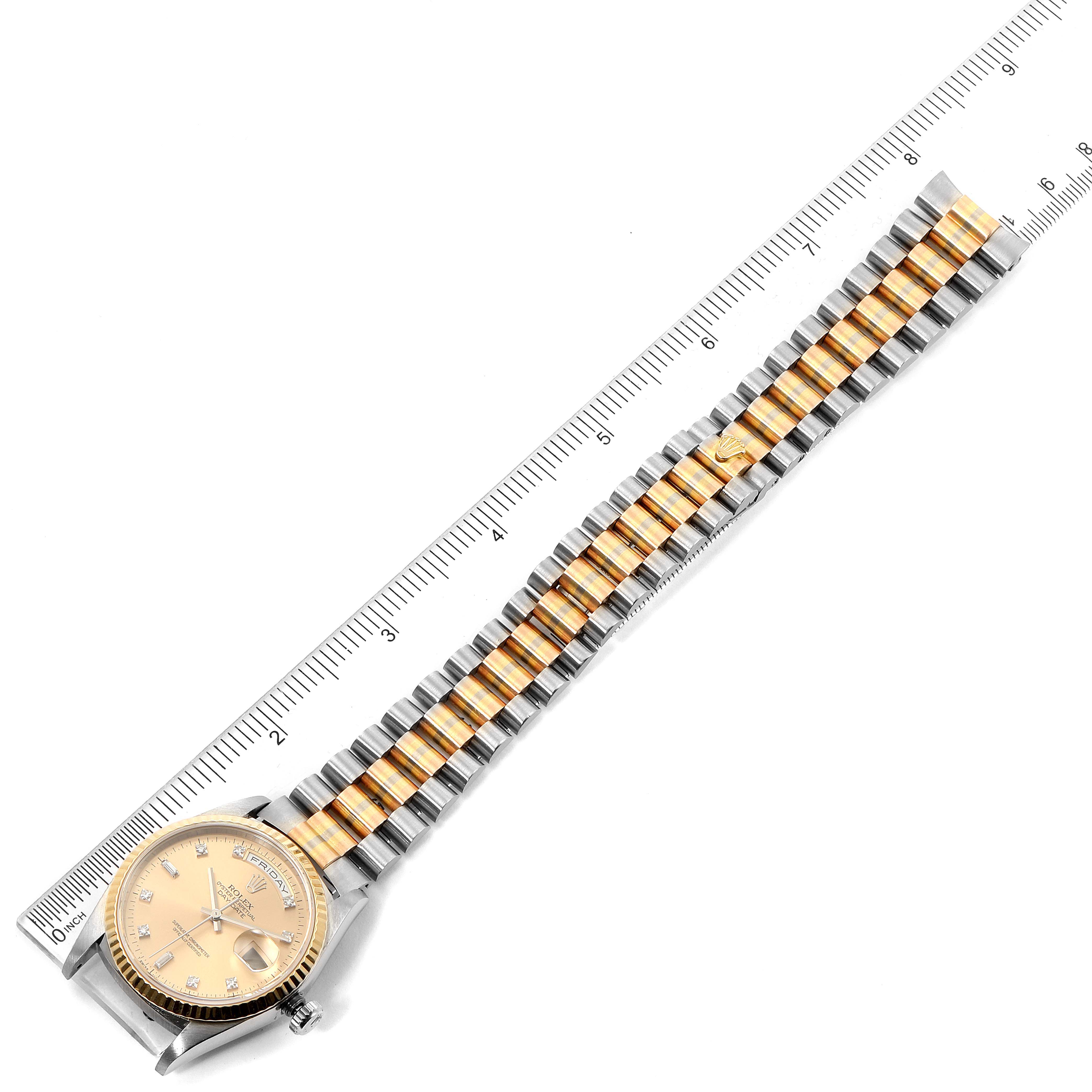 The image shows a Rolex President 18239 Men's White Gold Brown Dial 18239 Men's White Gold Brown Dial model watch laid flat alongside a ruler, displaying both the dial and the bracelet fully extended.