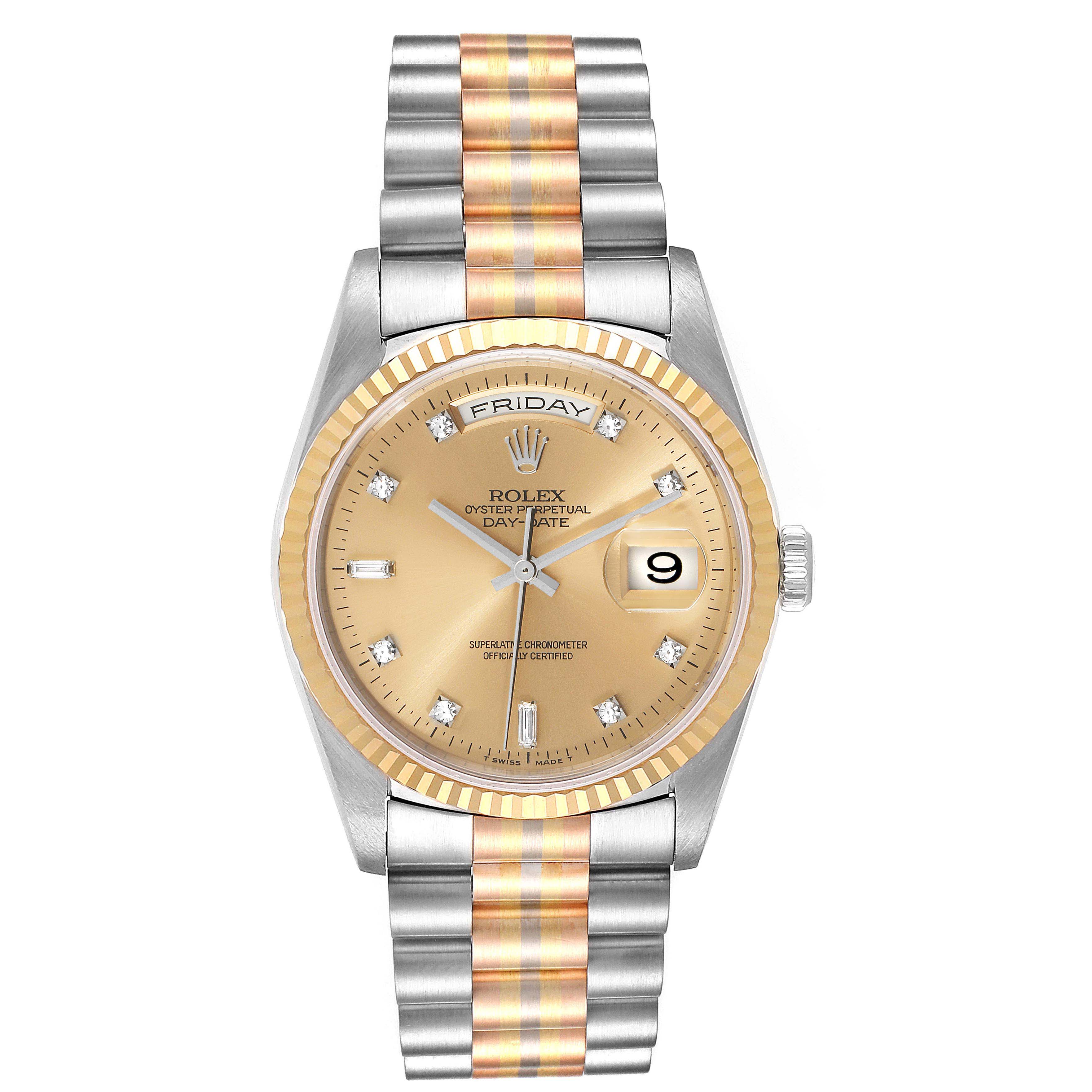 This image shows a front view of the Rolex President 18239 Men's White Gold Brown Dial 18239 Men's White Gold Brown Dial model watch, displaying the dial, bezel, and part of the bracelet.