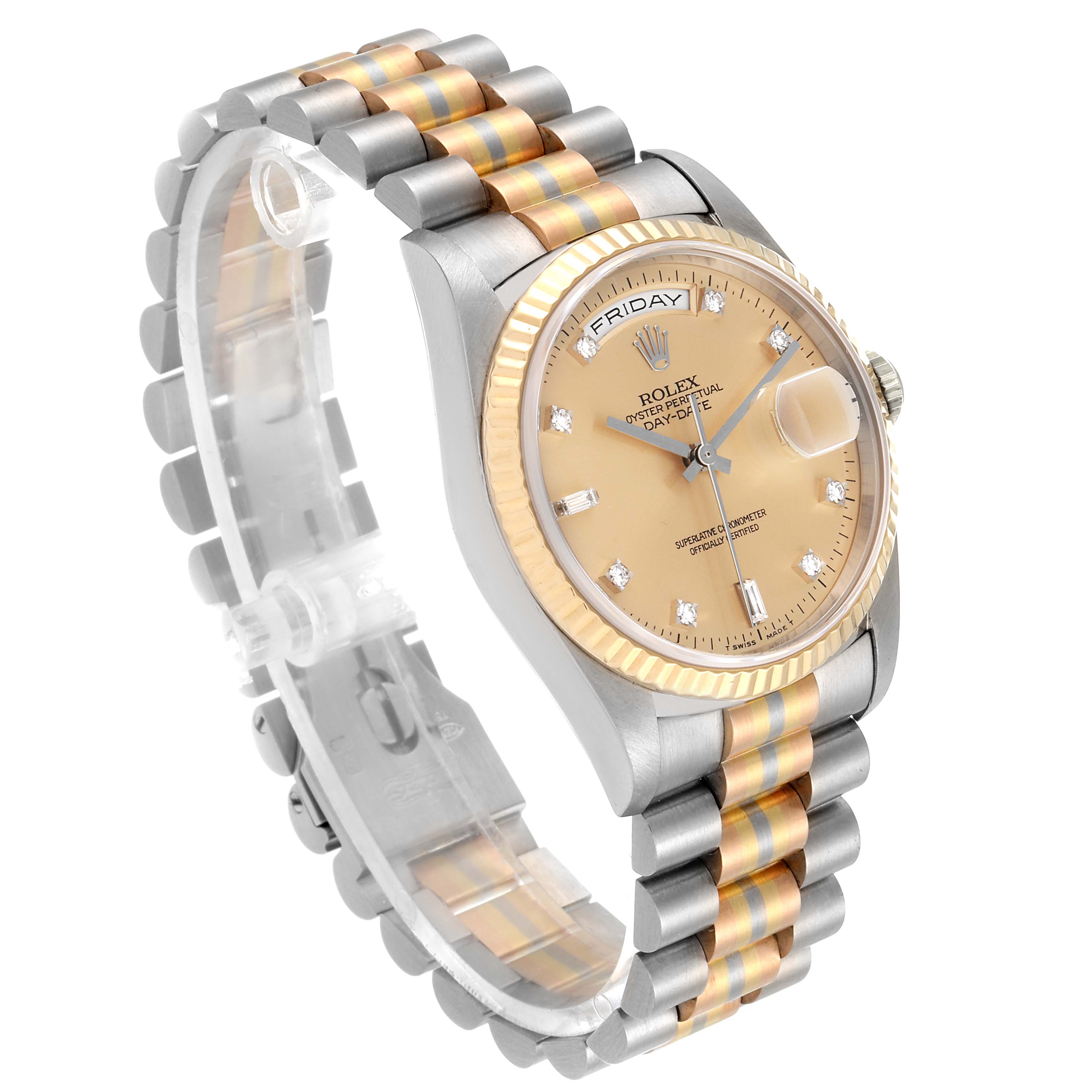The image shows a Rolex President 18239 Men's White Gold Brown Dial 18239 Men's White Gold Brown Dial model watch at a three-quarter angle, highlighting the dial, bezel, and two-tone bracelet.