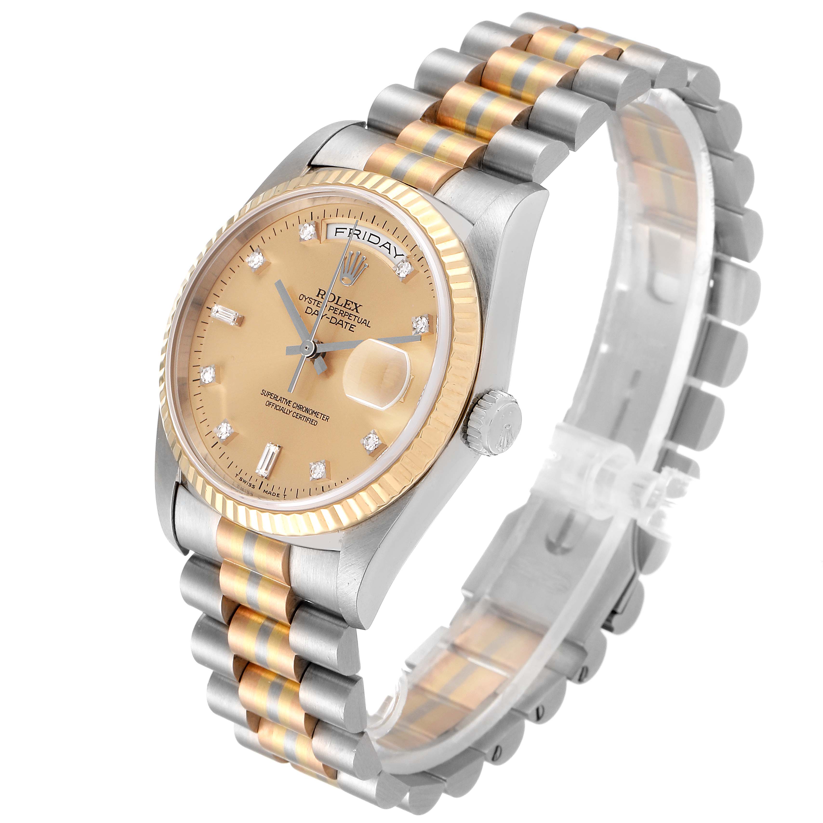 The Rolex President 18239 Men's White Gold Brown Dial 18239 Men's White Gold Brown Dial model watch is displayed at a slight angle, showing the dial, bezel, bracelet, and crown.