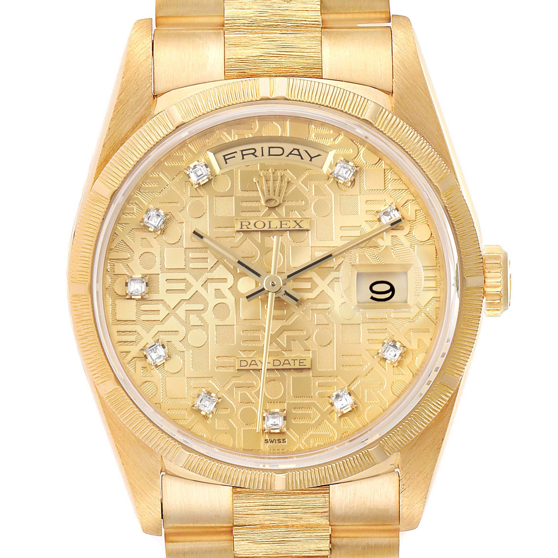 The image shows a front view of a Rolex President 18248 Men
s Yellow Gold Champagne Dial 18248 Men
s Yellow Gold Champagne Dial model watch, highlighting the dial, bezel, and part of the band.