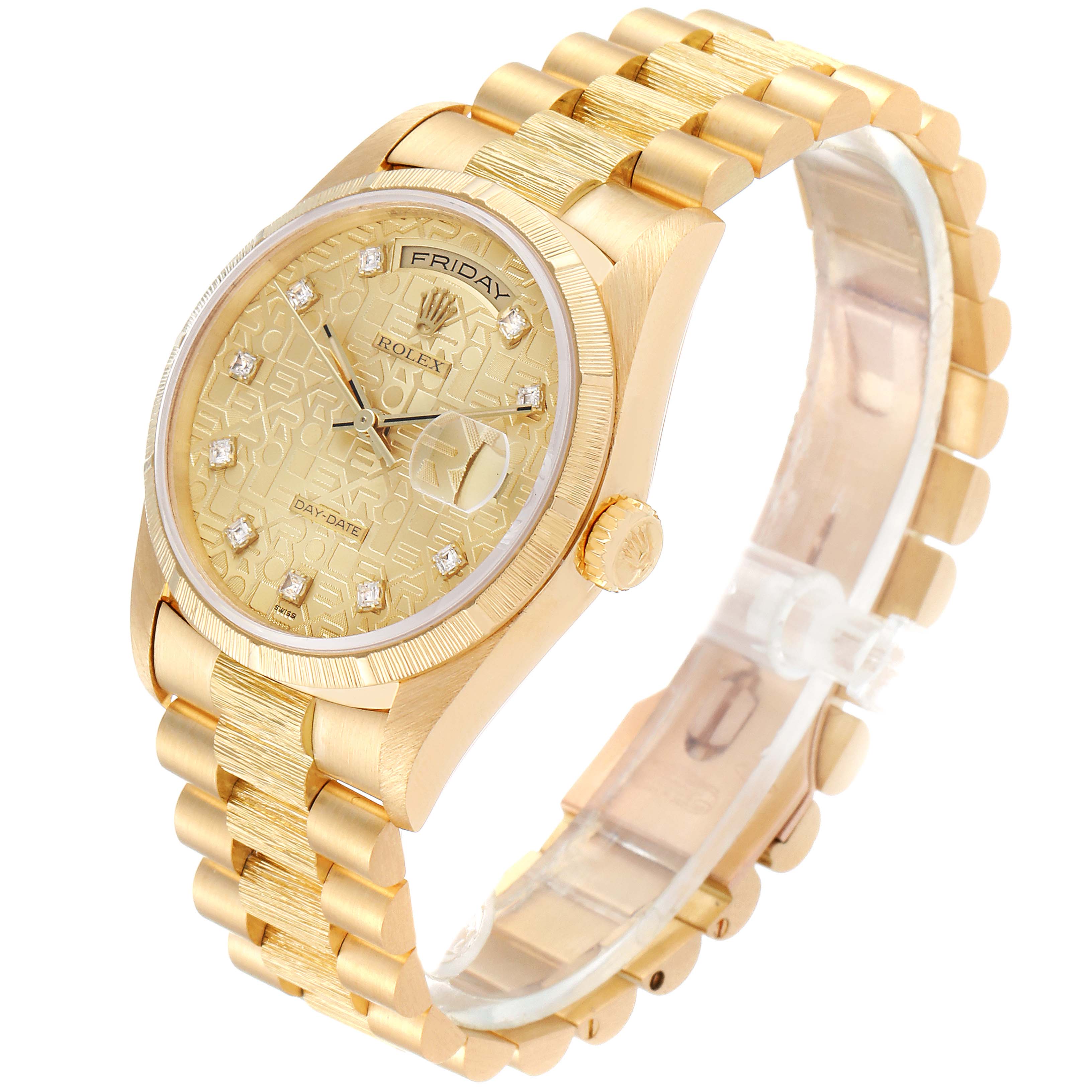 The Rolex President 18248 Men
s Yellow Gold Champagne Dial 18248 Men
s Yellow Gold Champagne Dial model watch is shown at an oblique angle, highlighting its gold band, dial, and crown.