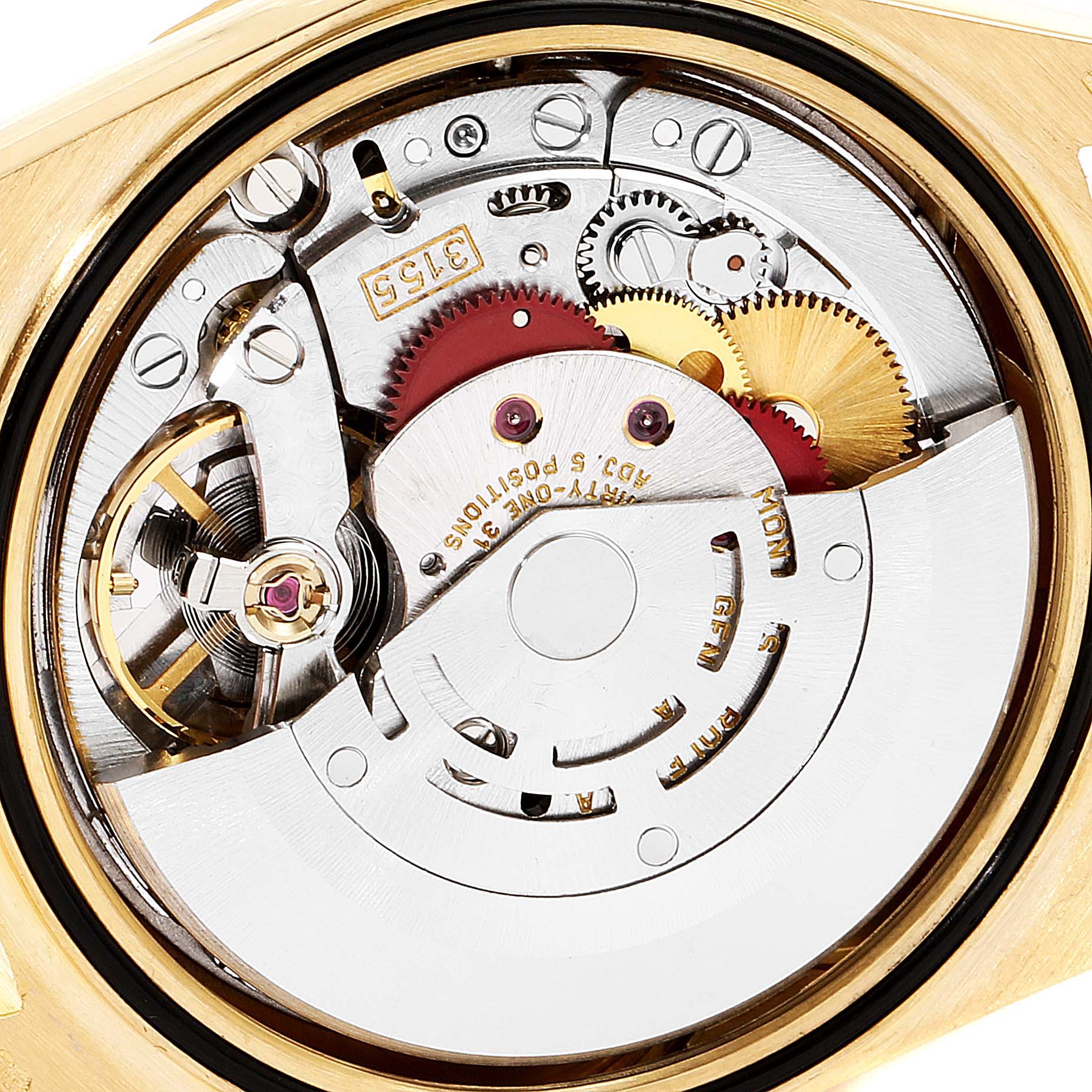 This image displays the intricate internal mechanics and movement of the Rolex President 18248 Men
s Yellow Gold Champagne Dial 18248 Men
s Yellow Gold Champagne Dial model watch from a back view angle.