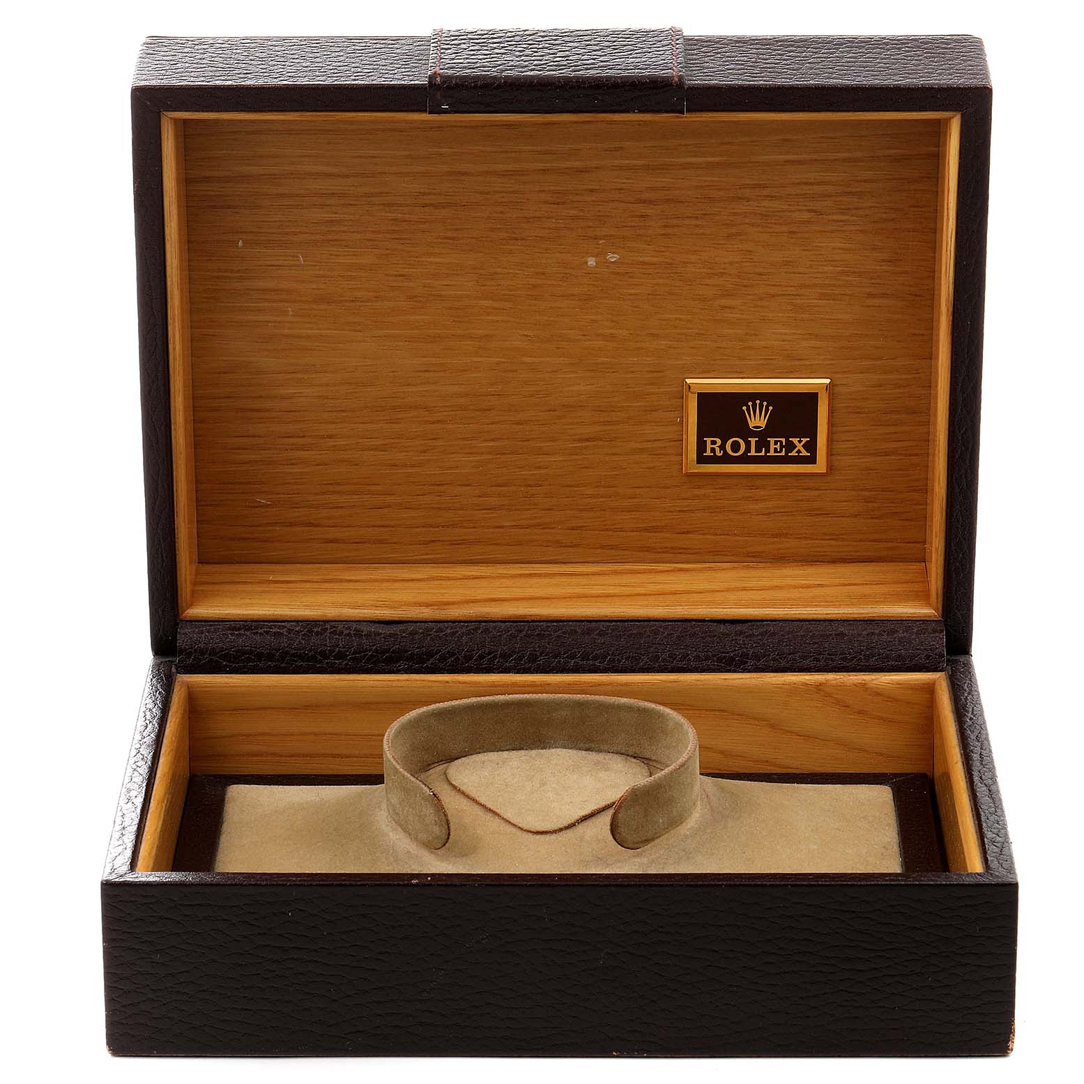 The image shows an open Rolex watch box for the President model, with a cushion for the watch and the Rolex logo inside.