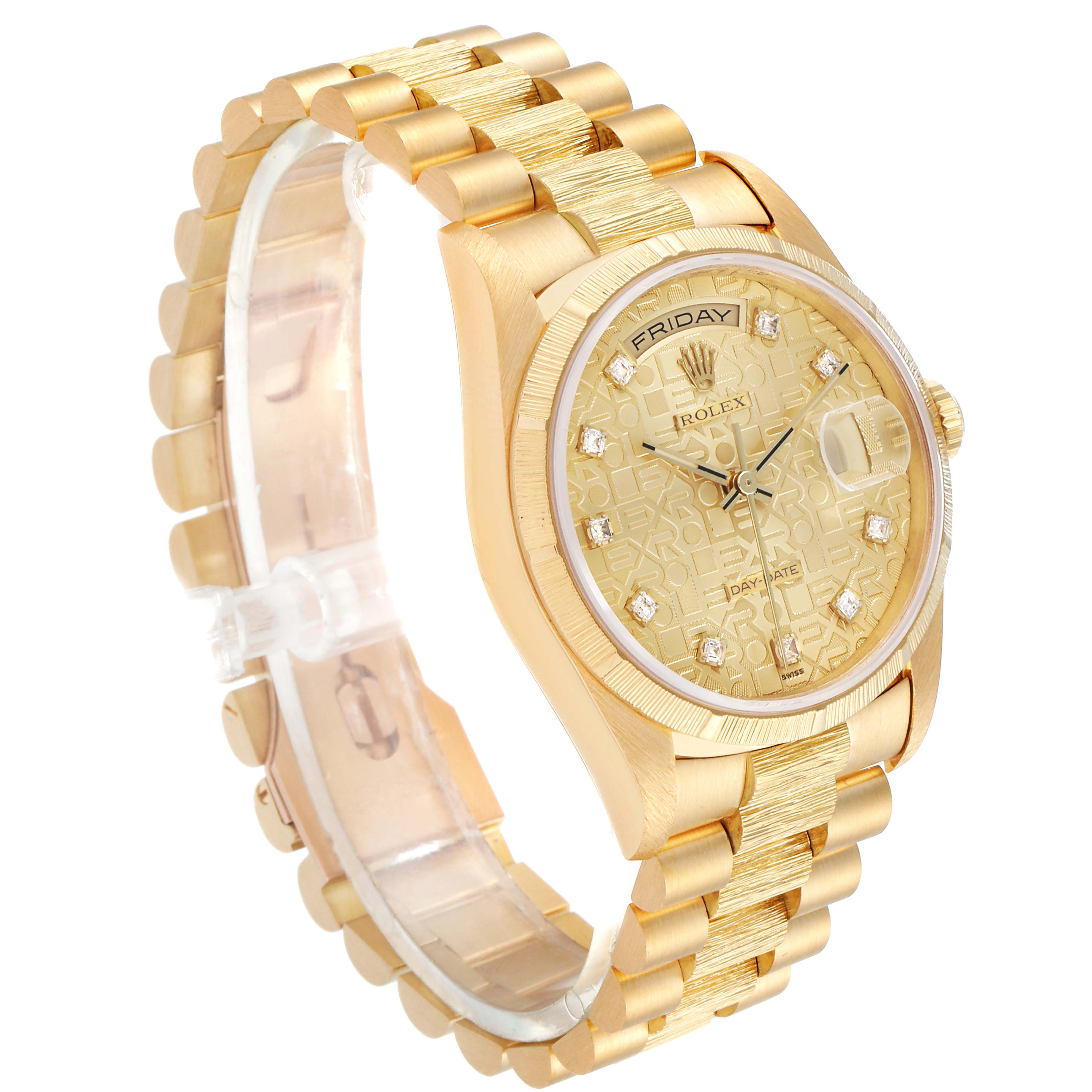 The image shows a Rolex President 18248 Men
s Yellow Gold Champagne Dial 18248 Men
s Yellow Gold Champagne Dial model watch at a three-quarter angle, highlighting its gold bracelet, dial, and bezel.