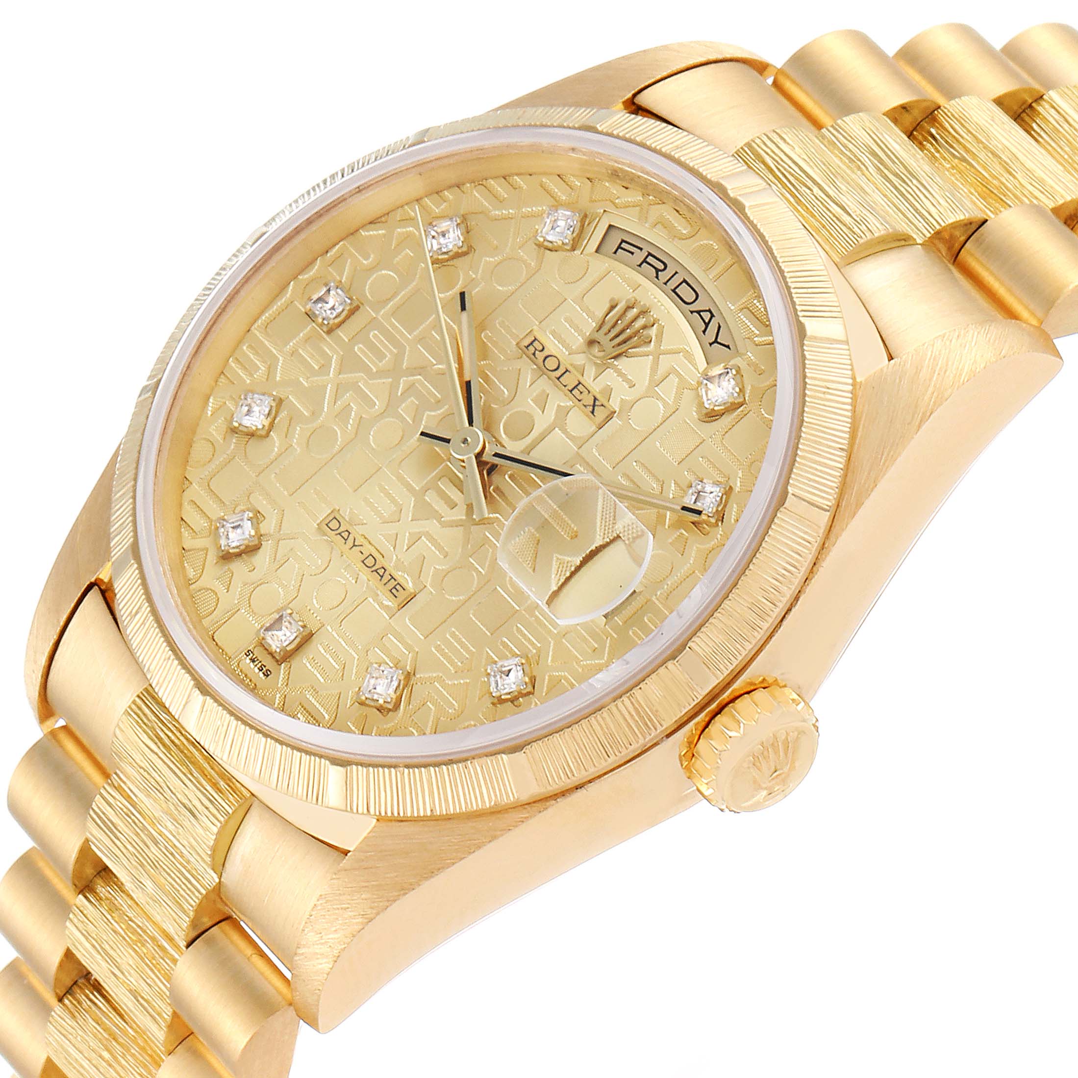 This image shows a side view of a Rolex President 18248 Men
s Yellow Gold Champagne Dial 18248 Men
s Yellow Gold Champagne Dial model, highlighting its gold bracelet, dial, crown, and day-date display.
