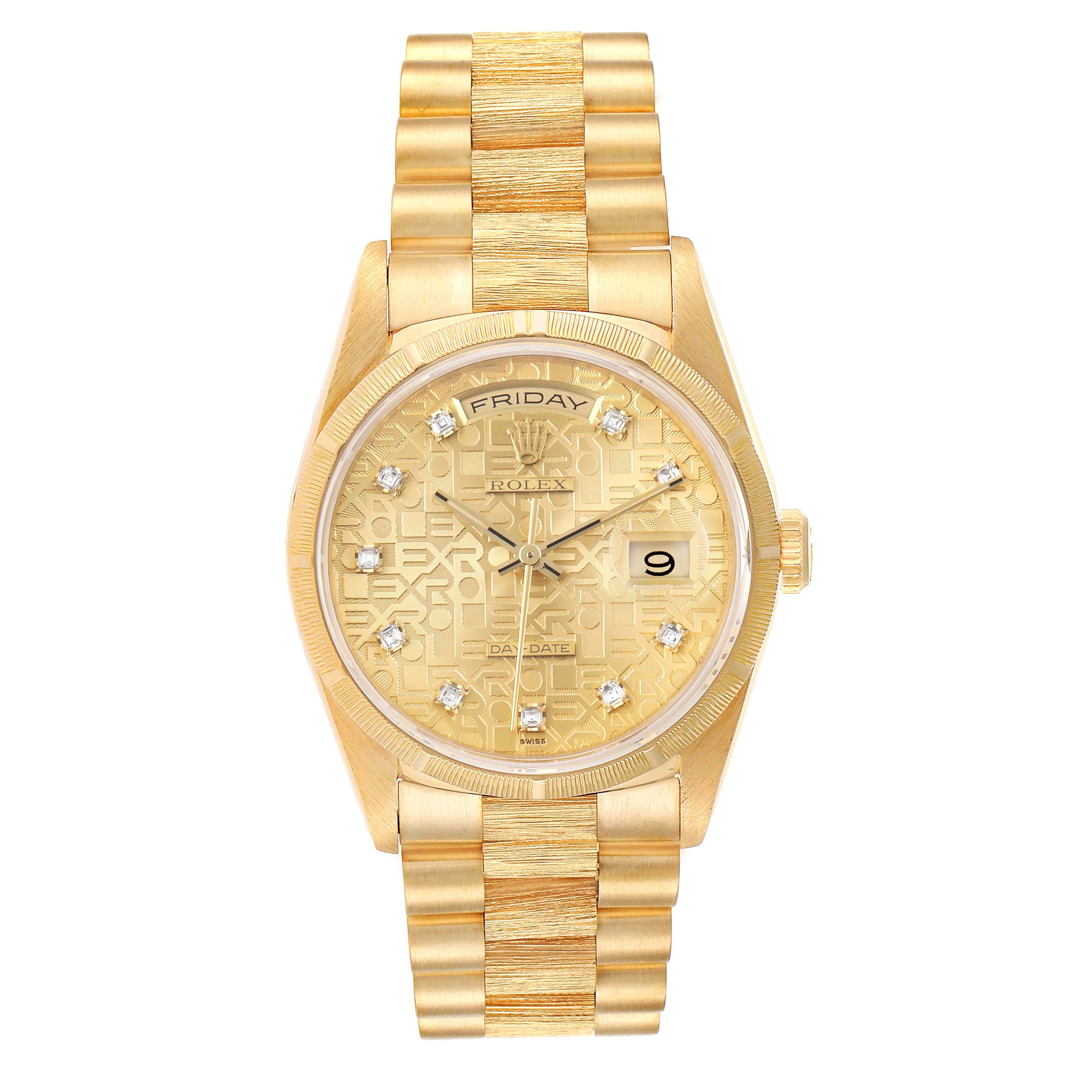 This image shows a frontal view of a Rolex President 18248 Men
s Yellow Gold Champagne Dial 18248 Men
s Yellow Gold Champagne Dial model watch, displaying the dial, bracelet, and date window.