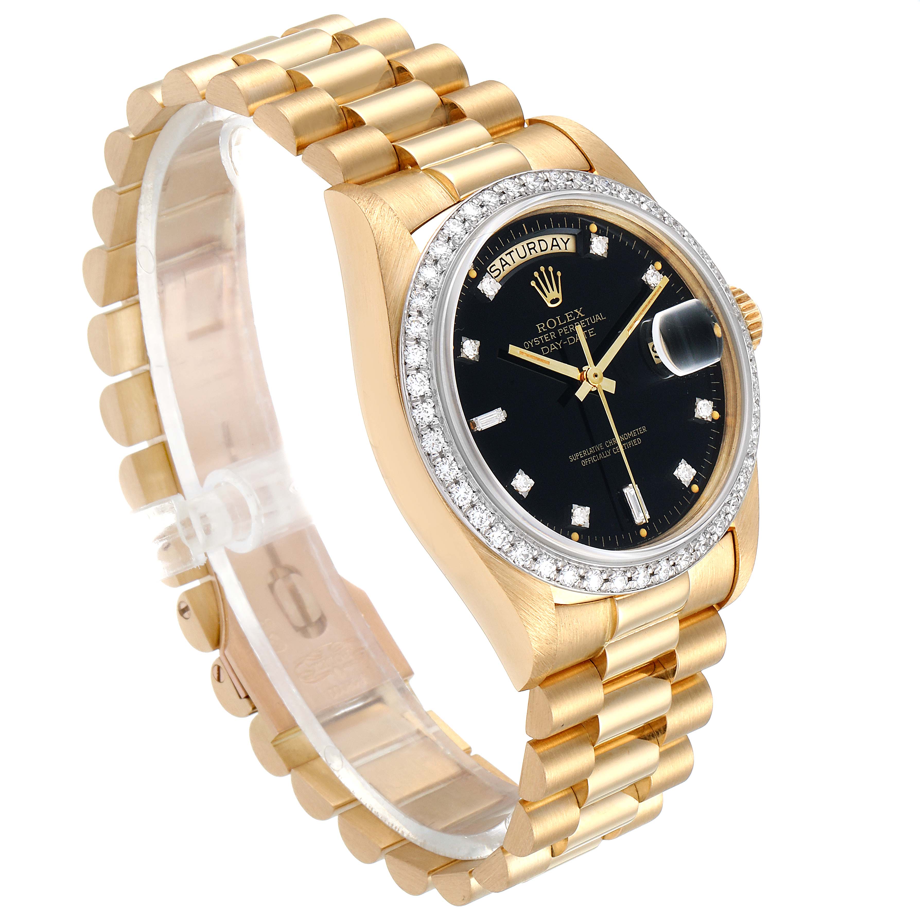 The image shows a side view of the Rolex President 18048 Men
s Yellow Gold Black Dial 18048 Men
s Yellow Gold Black Dial model, highlighting its gold bracelet, black dial, and diamond bezel.