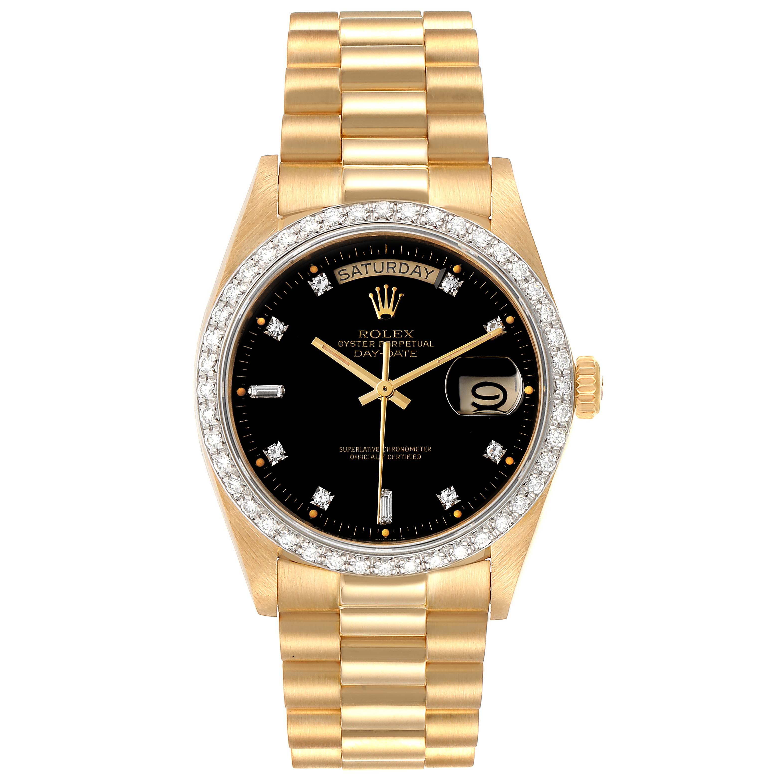 The Rolex President 18048 Men
s Yellow Gold Black Dial 18048 Men
s Yellow Gold Black Dial model watch is shown from the front, displaying its gold bracelet, black dial, and diamond-encrusted bezel.