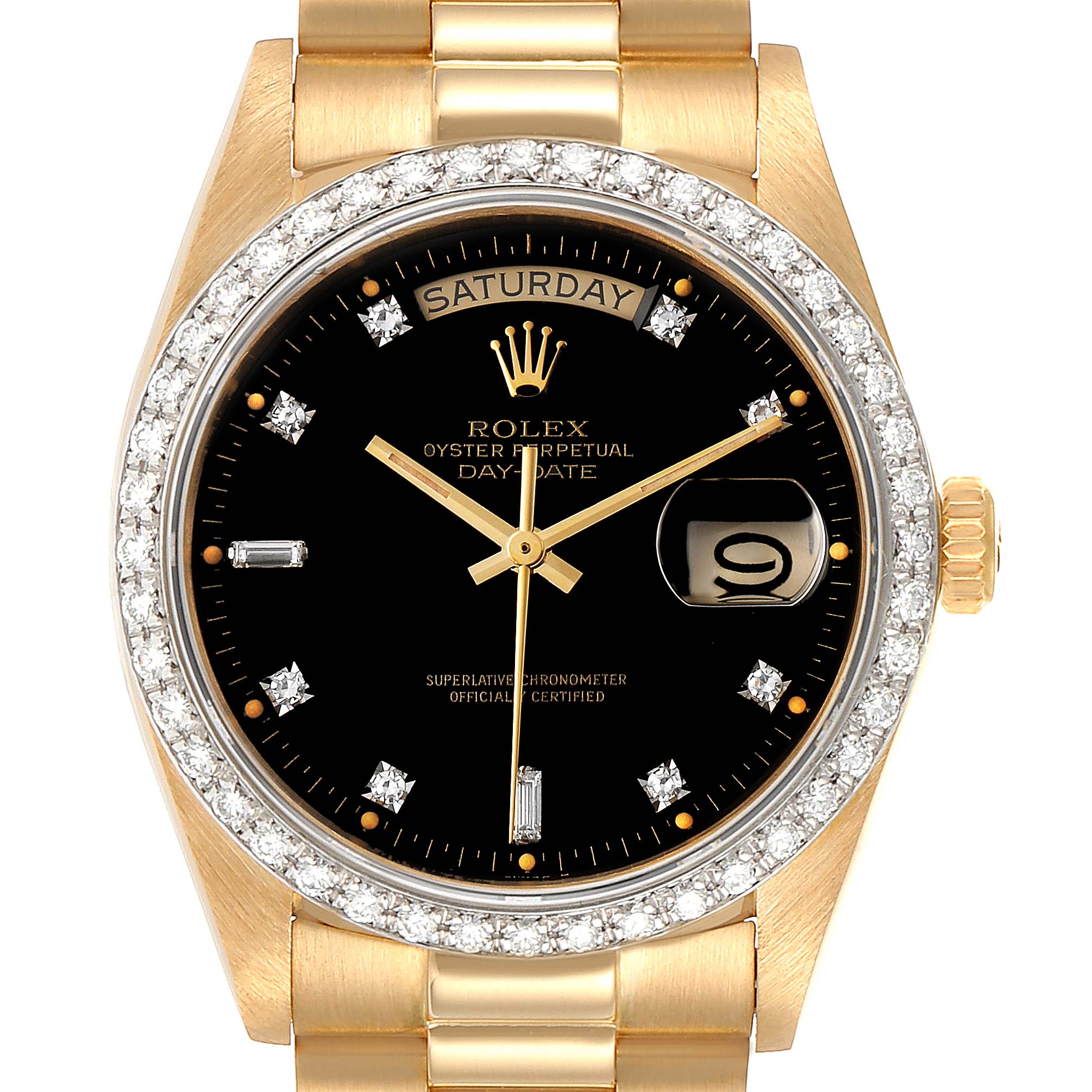 This image shows a front view of a Rolex President 18048 Men
s Yellow Gold Black Dial 18048 Men
s Yellow Gold Black Dial model watch, displaying the face, bezel, and part of the bracelet.