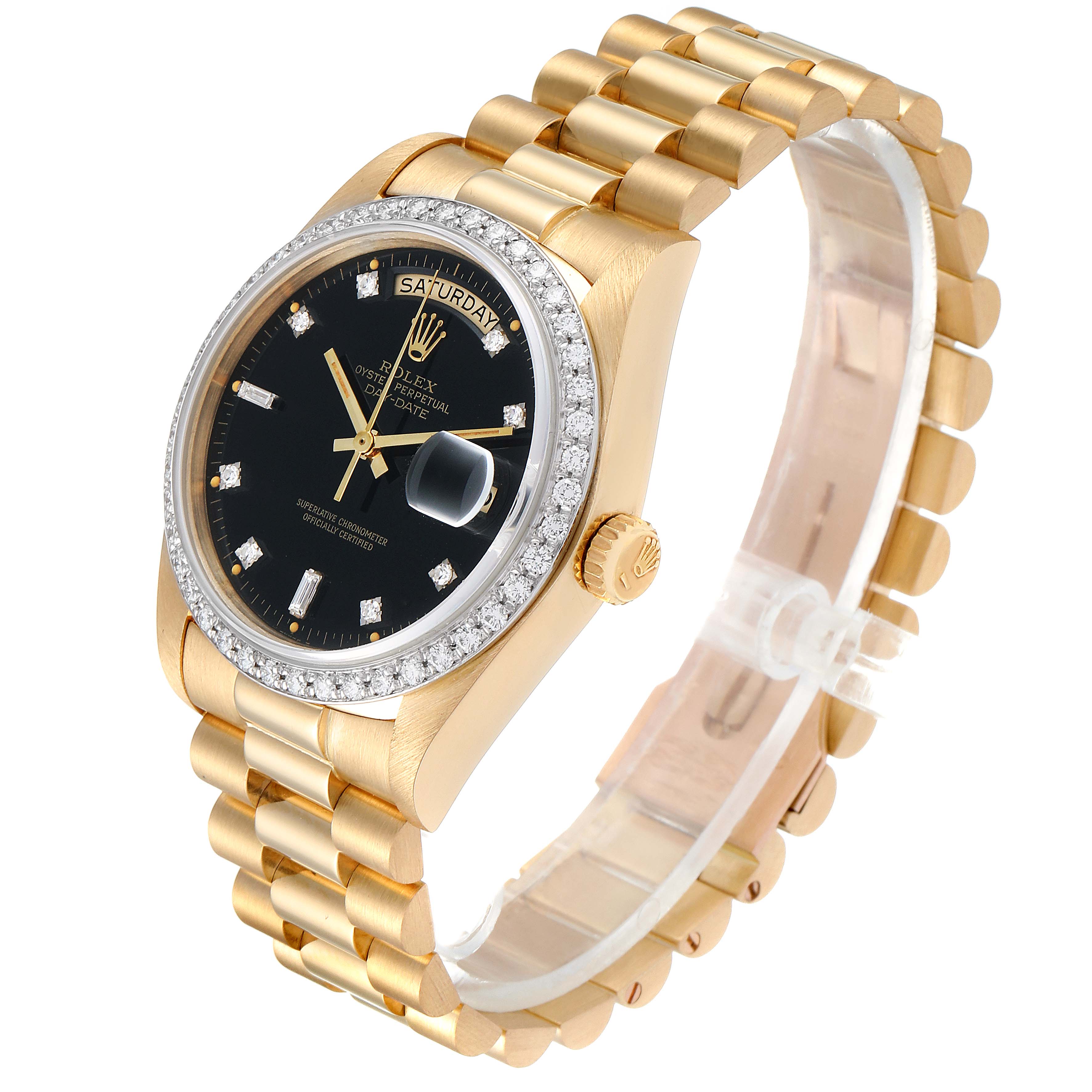 This image shows a gold Rolex President 18048 Men
s Yellow Gold Black Dial 18048 Men
s Yellow Gold Black Dial model watch at a three-quarter angle, highlighting the black dial, diamond bezel, and bracelet.