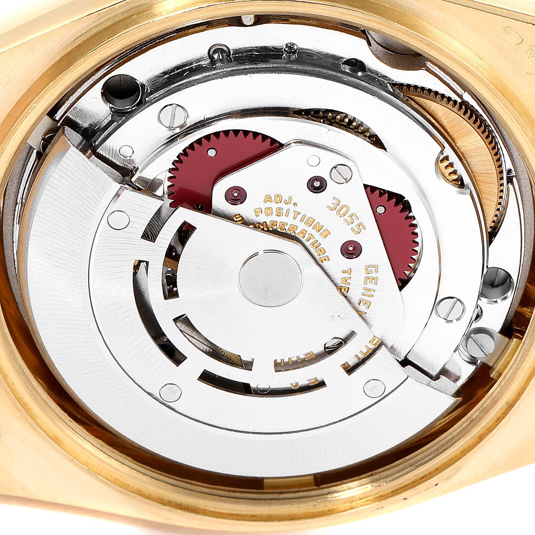 The image shows the internal mechanism of a Rolex President 18048 Men
s Yellow Gold Black Dial 18048 Men
s Yellow Gold Black Dial model watch from a close-up angle.