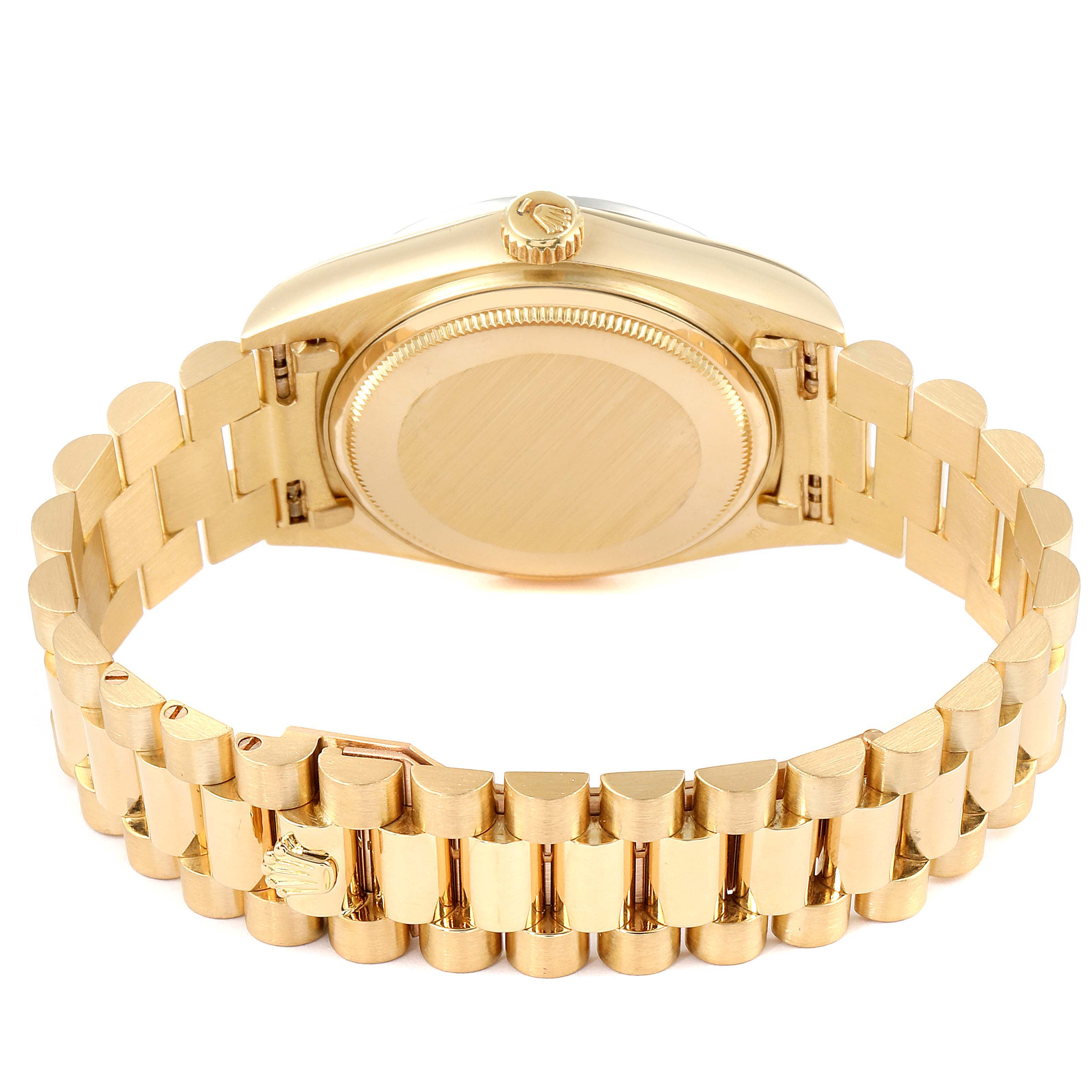 The image shows the back case and bracelet of a Rolex President 18048 Men
s Yellow Gold Black Dial 18048 Men
s Yellow Gold Black Dial model watch from a rear angle.