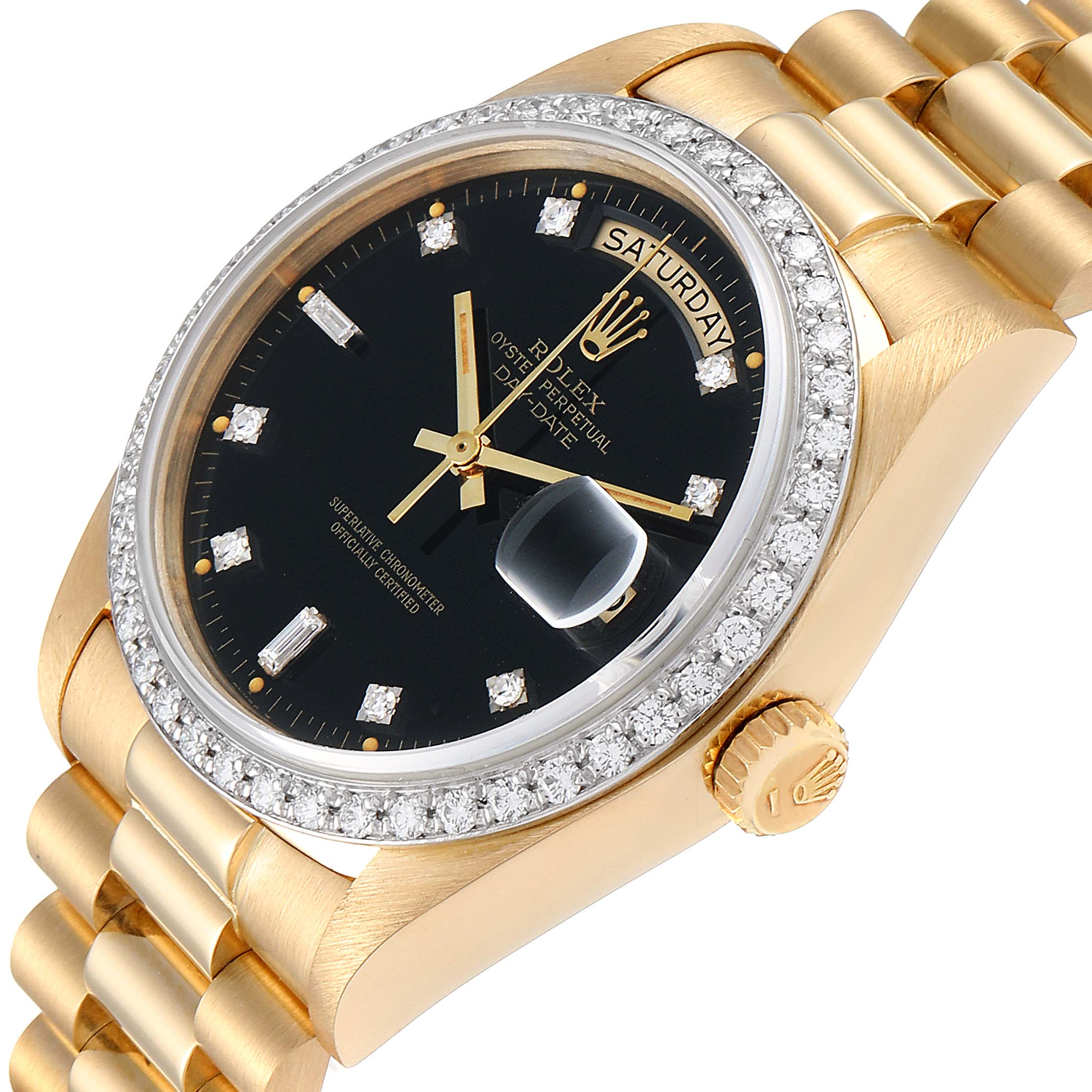 The image shows a Rolex President 18048 Men
s Yellow Gold Black Dial 18048 Men
s Yellow Gold Black Dial model watch at an angle highlighting the face, bezel, crown, and part of the bracelet.