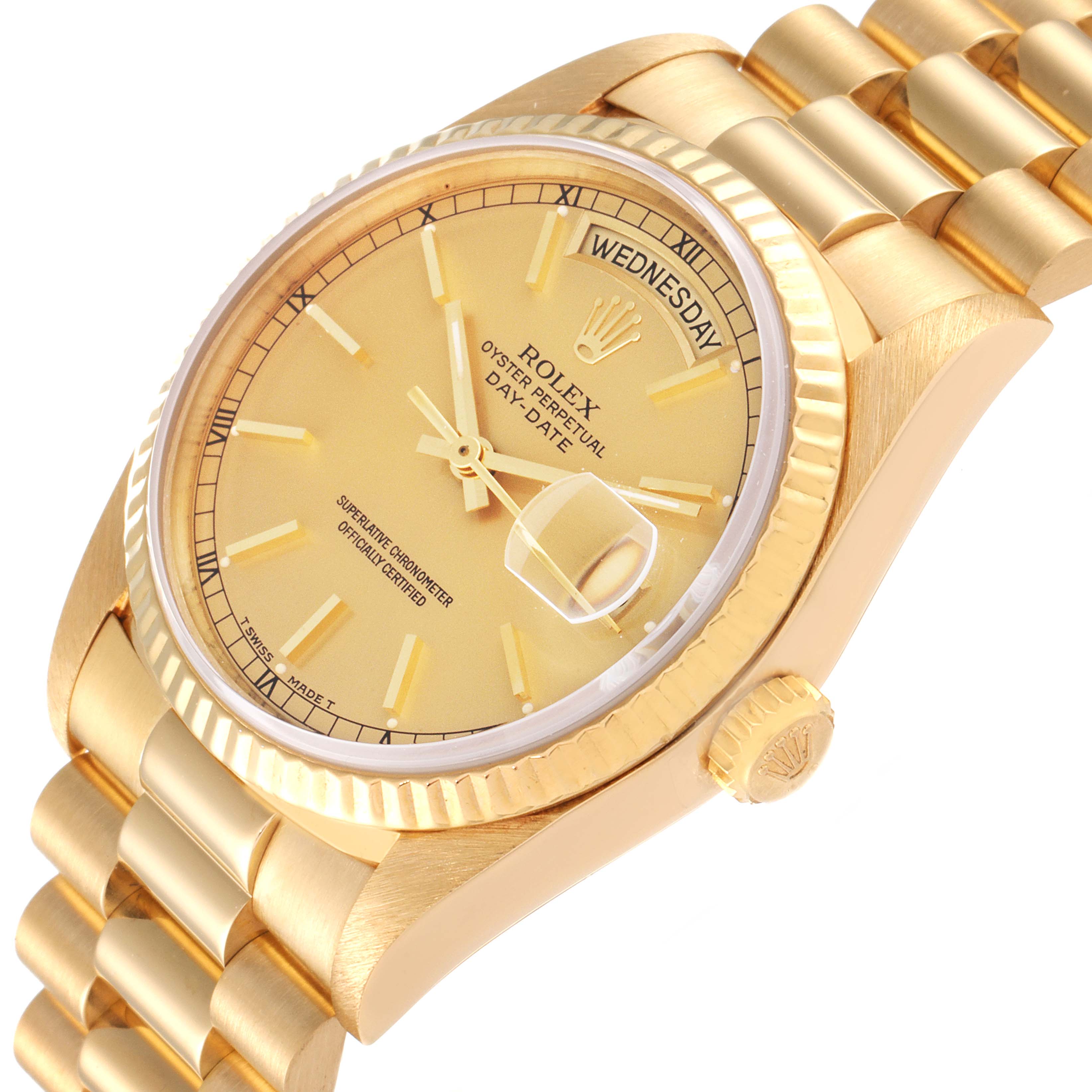 The image shows a close-up angle of a Rolex President 18238 Men
s Yellow Gold Champagne Dial 18238 Men
s Yellow Gold Champagne Dial Day-Date watch, highlighting its dial, bezel, crown, and part of the bracelet.