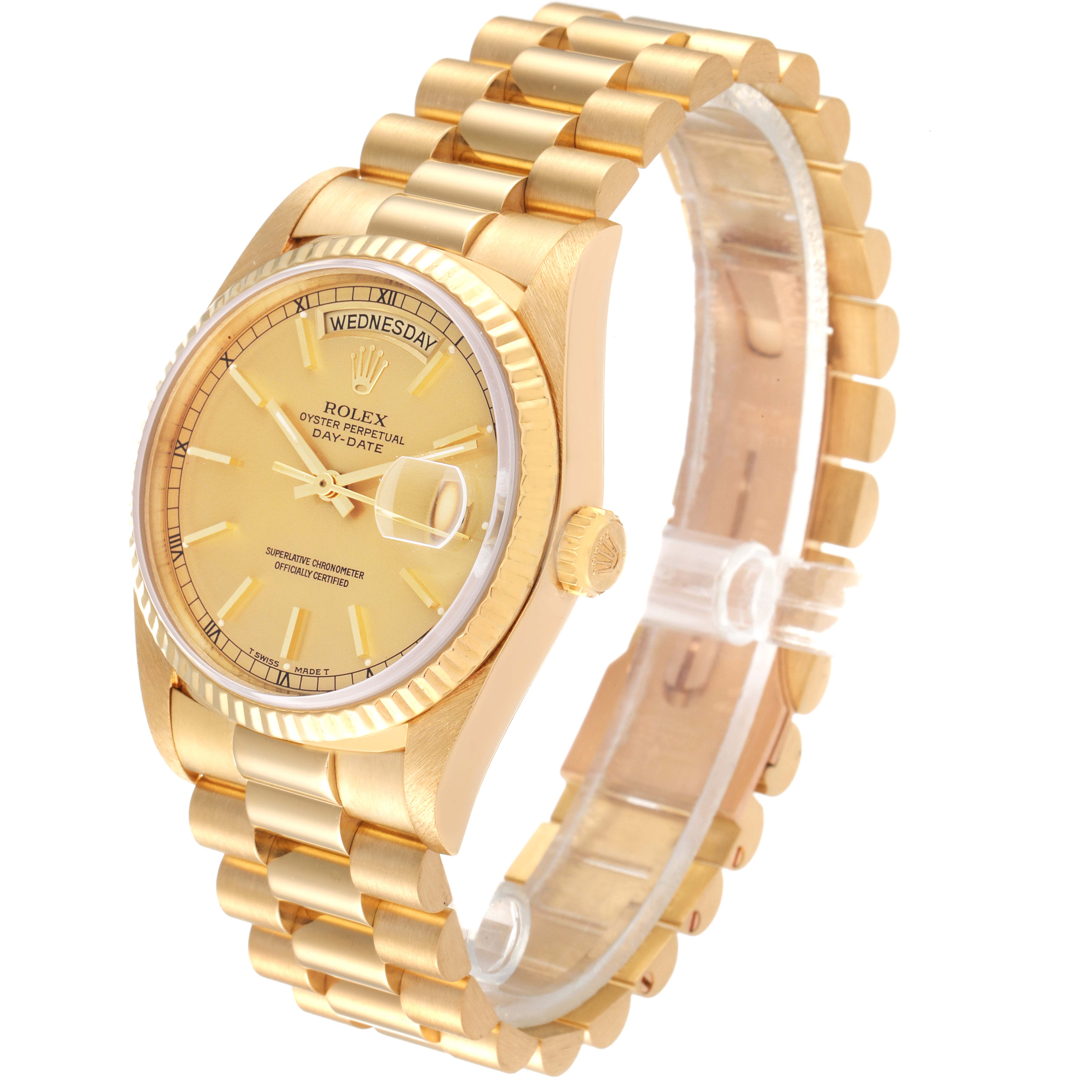 The image shows a side view of the Rolex President 18238 Men
s Yellow Gold Champagne Dial 18238 Men
s Yellow Gold Champagne Dial model watch, highlighting its gold band, dial, and date display.