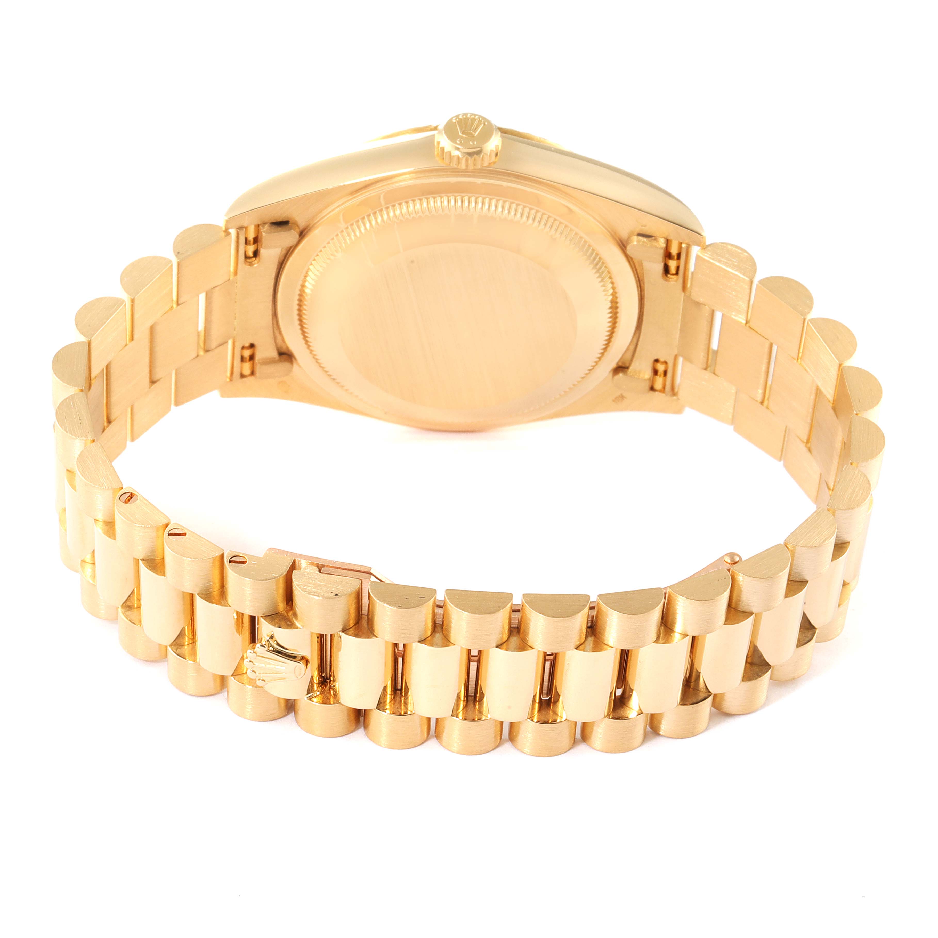 The image shows the back and bracelet of a Rolex President 18238 Men
s Yellow Gold Champagne Dial 18238 Men
s Yellow Gold Champagne Dial model watch viewed from a rear angle.
