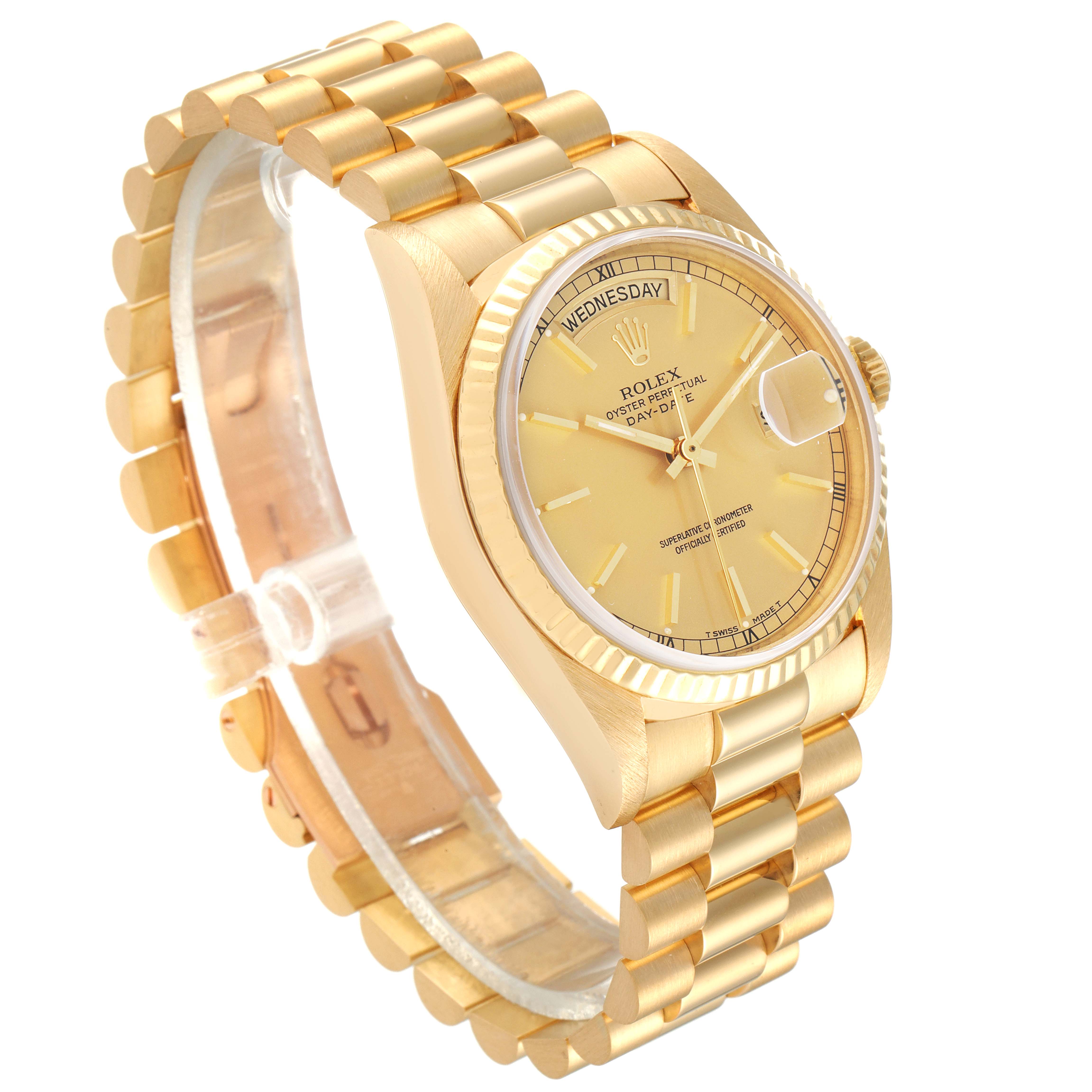 The image shows a Rolex President 18238 Men
s Yellow Gold Champagne Dial 18238 Men
s Yellow Gold Champagne Dial model watch at a three-quarter angle, highlighting the bracelet, case, and dial.