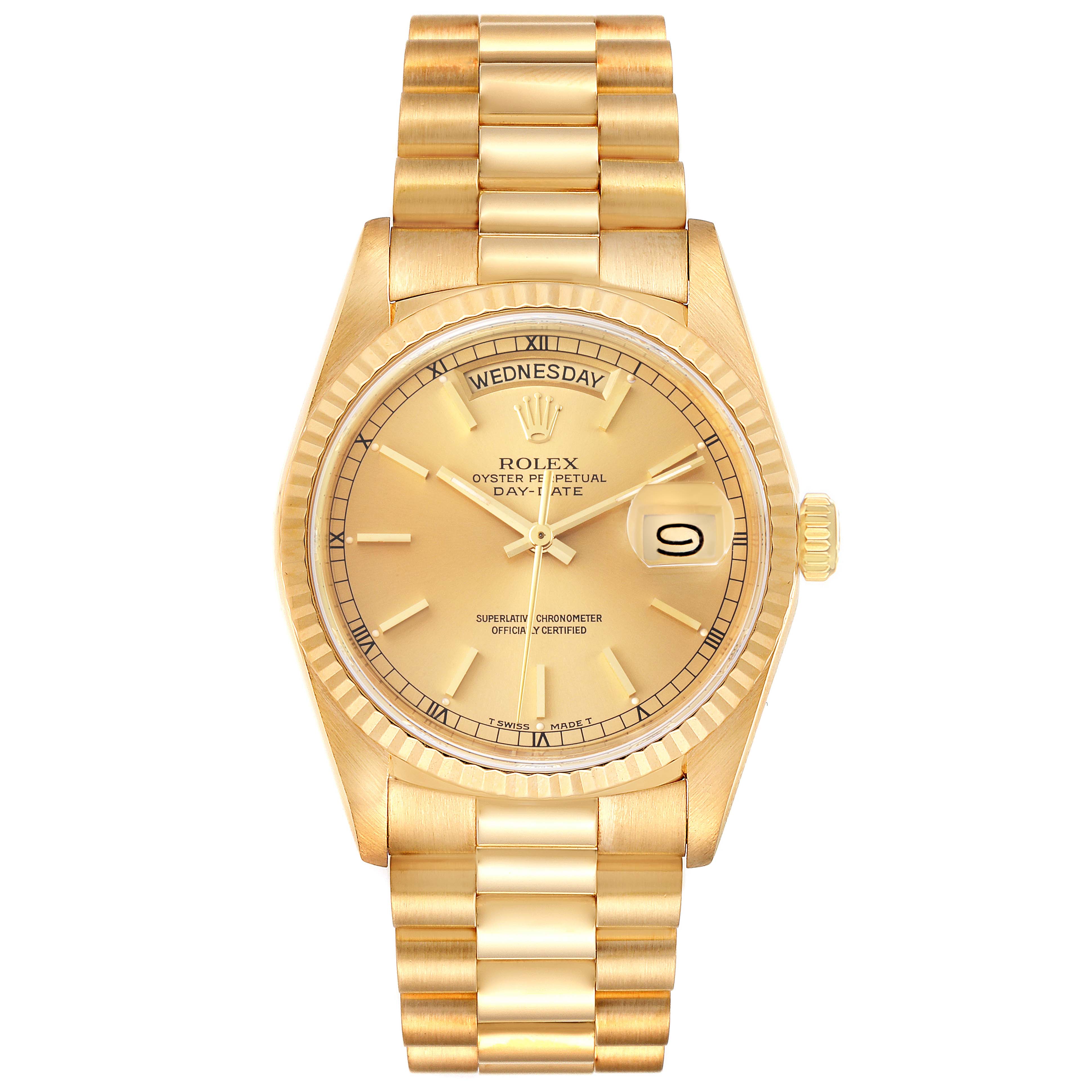 The image shows a frontal view of the Rolex President 18238 Men
s Yellow Gold Champagne Dial 18238 Men
s Yellow Gold Champagne Dial model watch, displaying its gold bracelet and dial with day and date features.