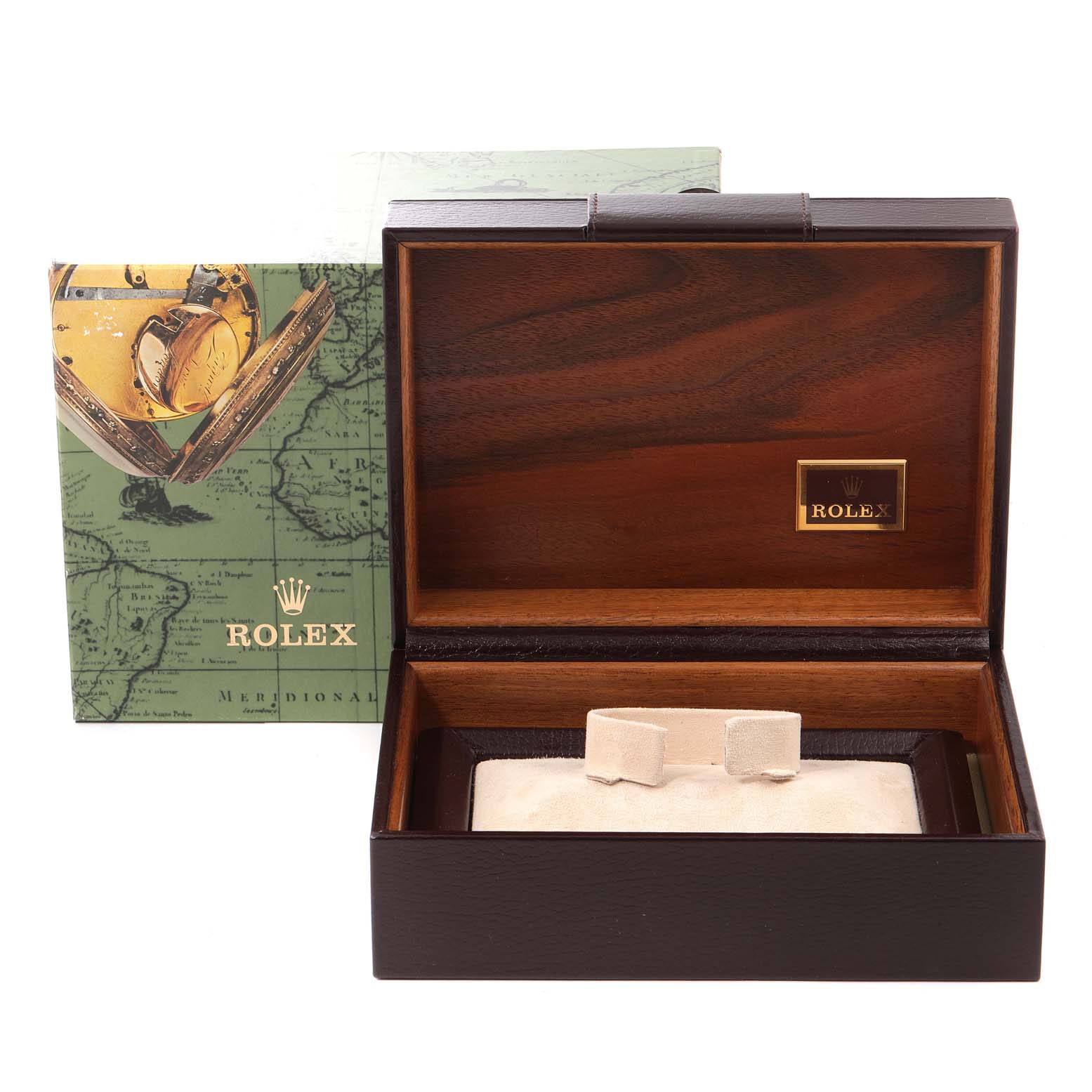 This photo shows an open Rolex President 18238 Men
s Yellow Gold Champagne Dial 18238 Men
s Yellow Gold Champagne Dial model watch box with its inner lining, displayed at a slight angle from the front.