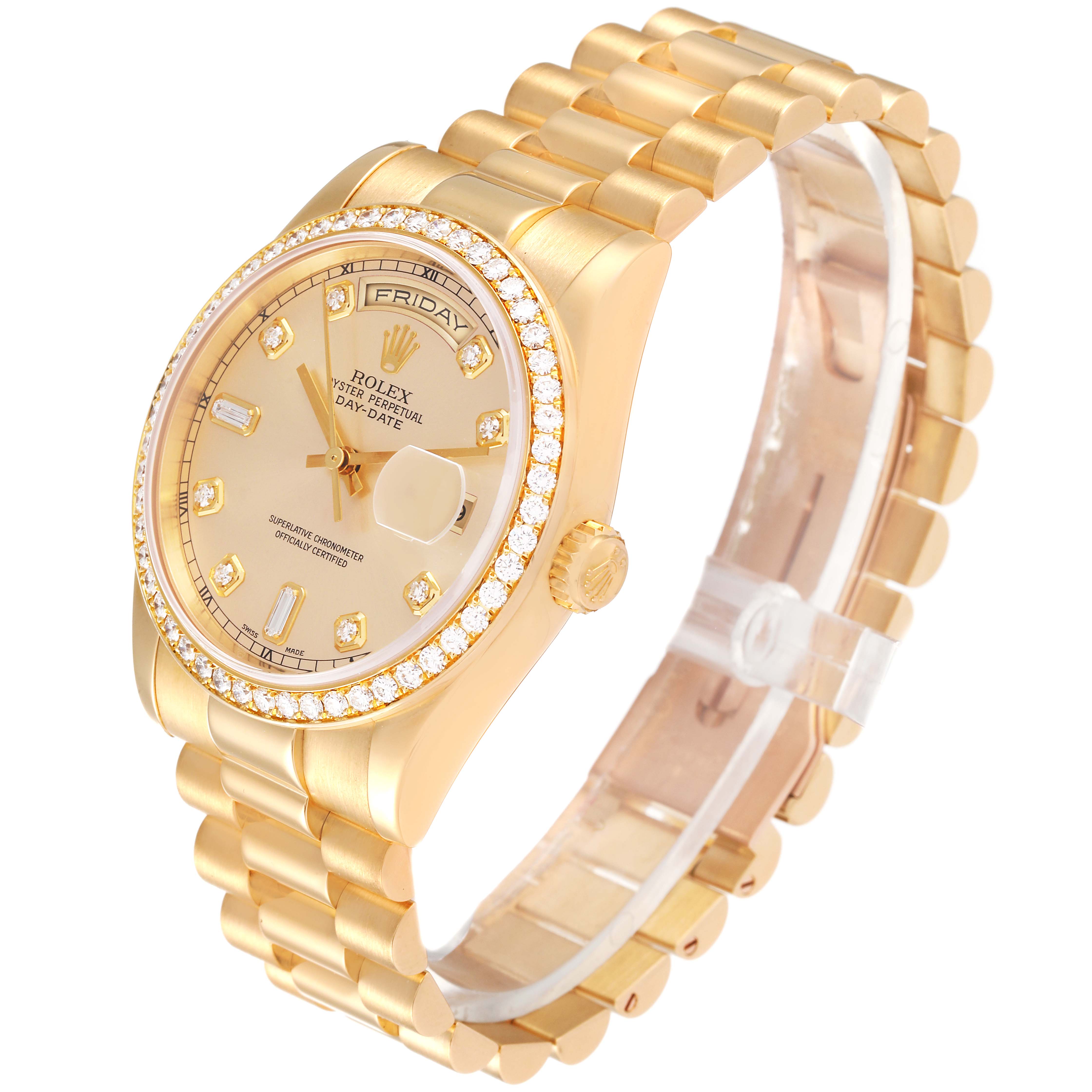 The image shows a Rolex President 118348 Men's Yellow Gold Champagne Dial 118348 Men's Yellow Gold Champagne Dial model watch at a 3/4 front angle, highlighting the face, bezel, crown, and band.