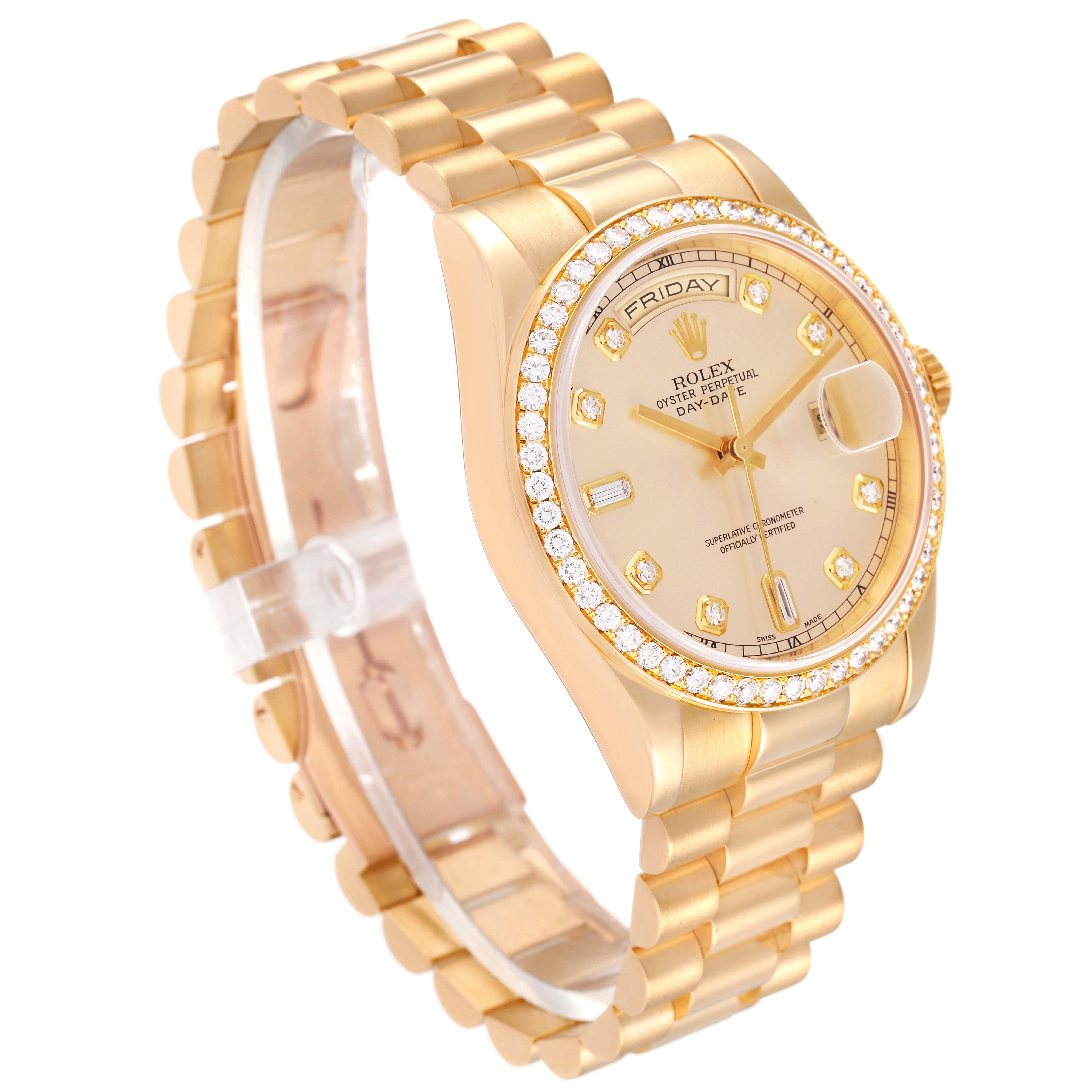 The Rolex President 118348 Men's Yellow Gold Champagne Dial 118348 Men's Yellow Gold Champagne Dial model watch is shown at a slight angle, highlighting its gold bracelet, diamond bezel, and dial.