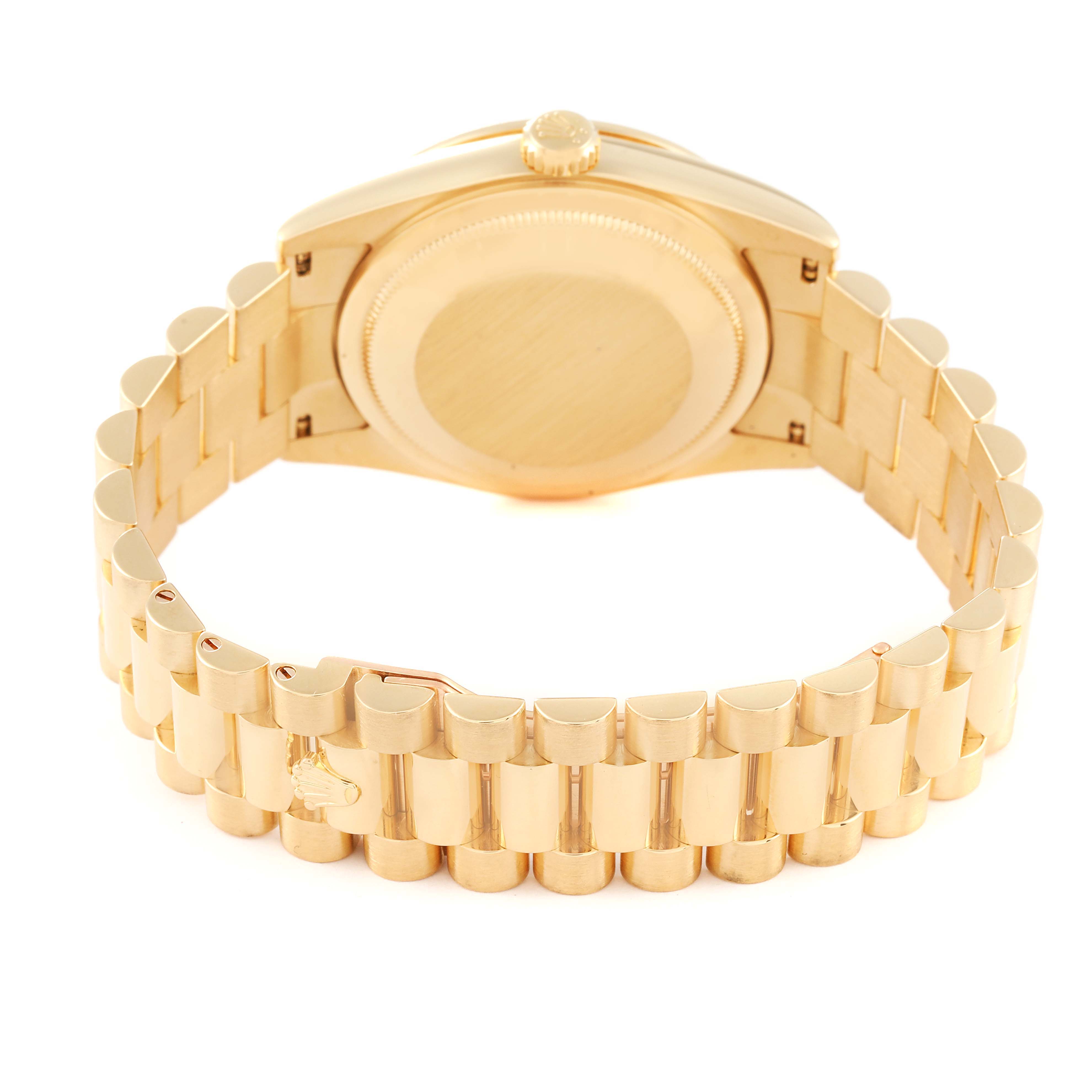 The image shows the back and bracelet of a Rolex President 118348 Men's Yellow Gold Champagne Dial 118348 Men's Yellow Gold Champagne Dial model watch, highlighting the clasp and underside of the case.
