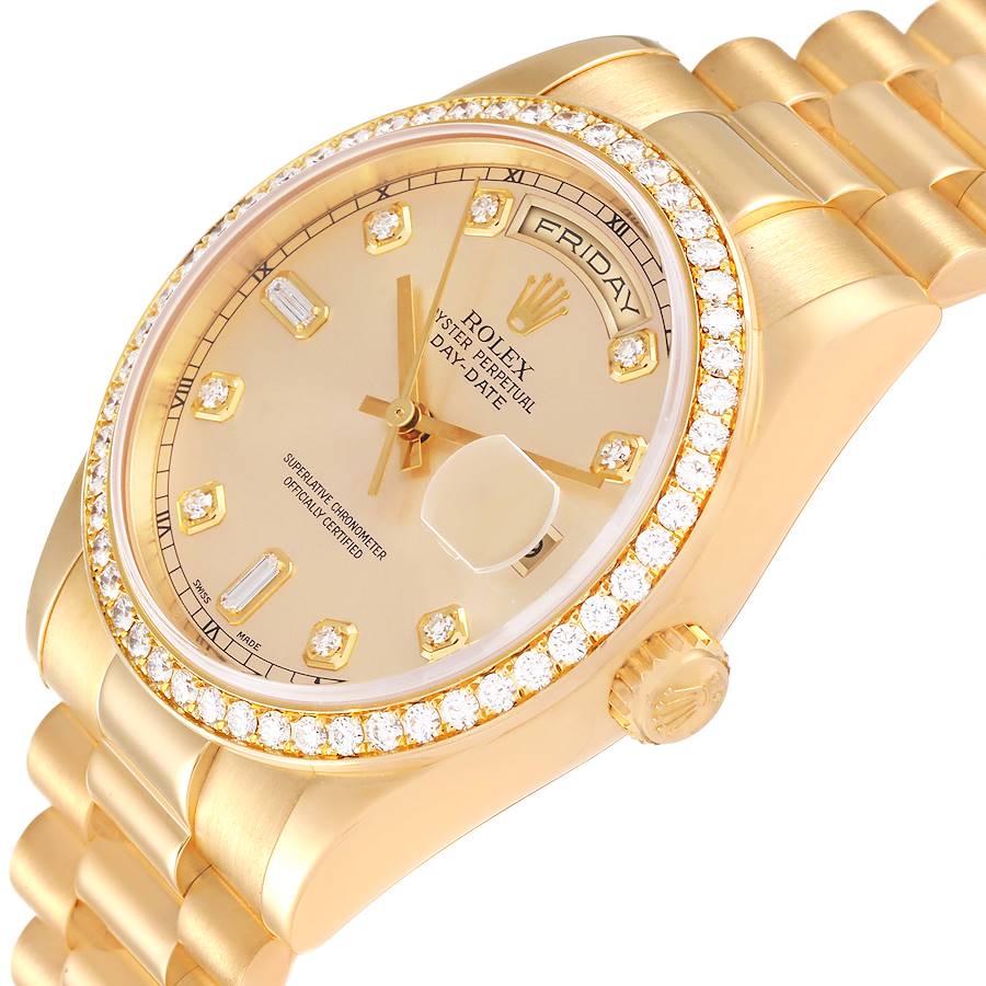 Rolex President Day-Date Yellow Gold Diamond Bezel Mens Watch 118348 ...