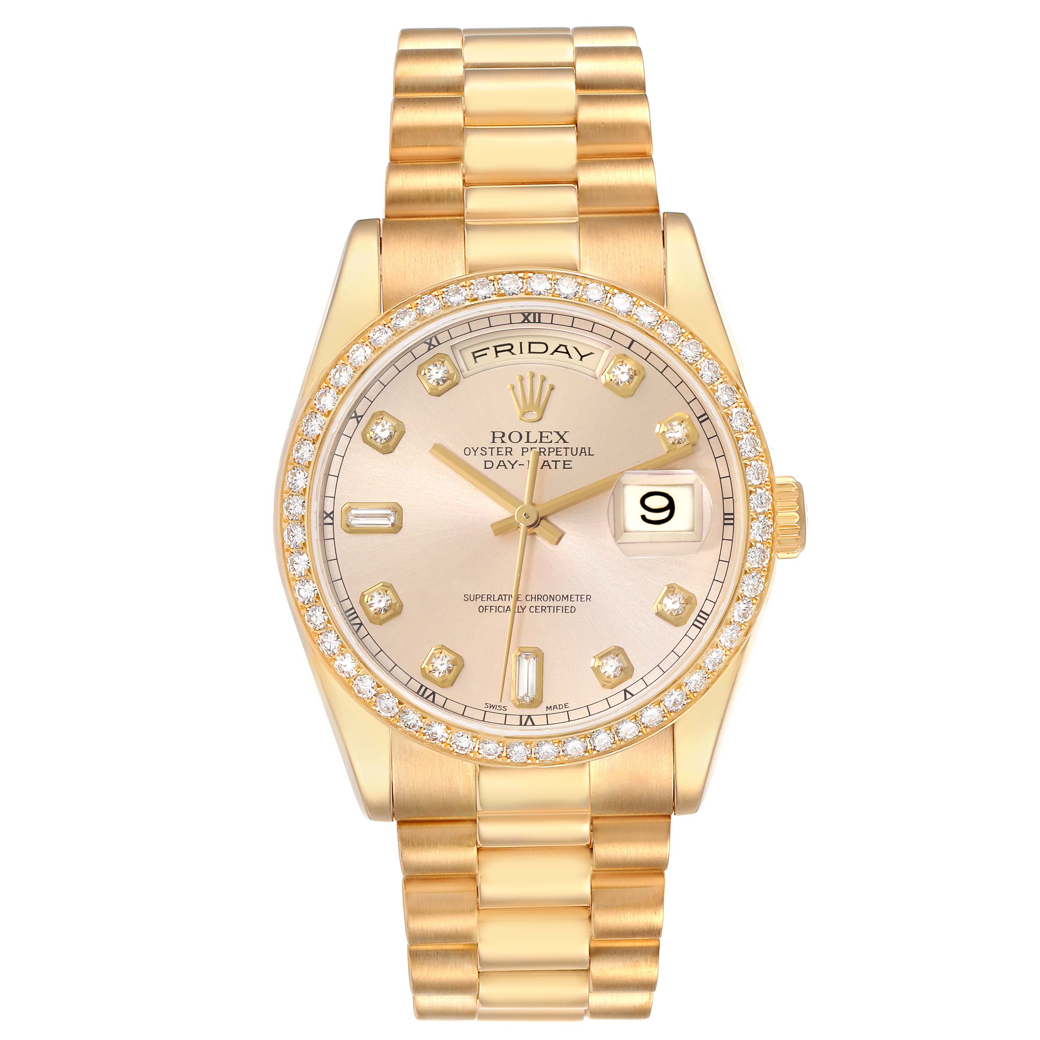 This image shows a front view of a Rolex President 118348 Men's Yellow Gold Champagne Dial 118348 Men's Yellow Gold Champagne Dial model watch, displaying its dial, bezel, hands, and bracelet.