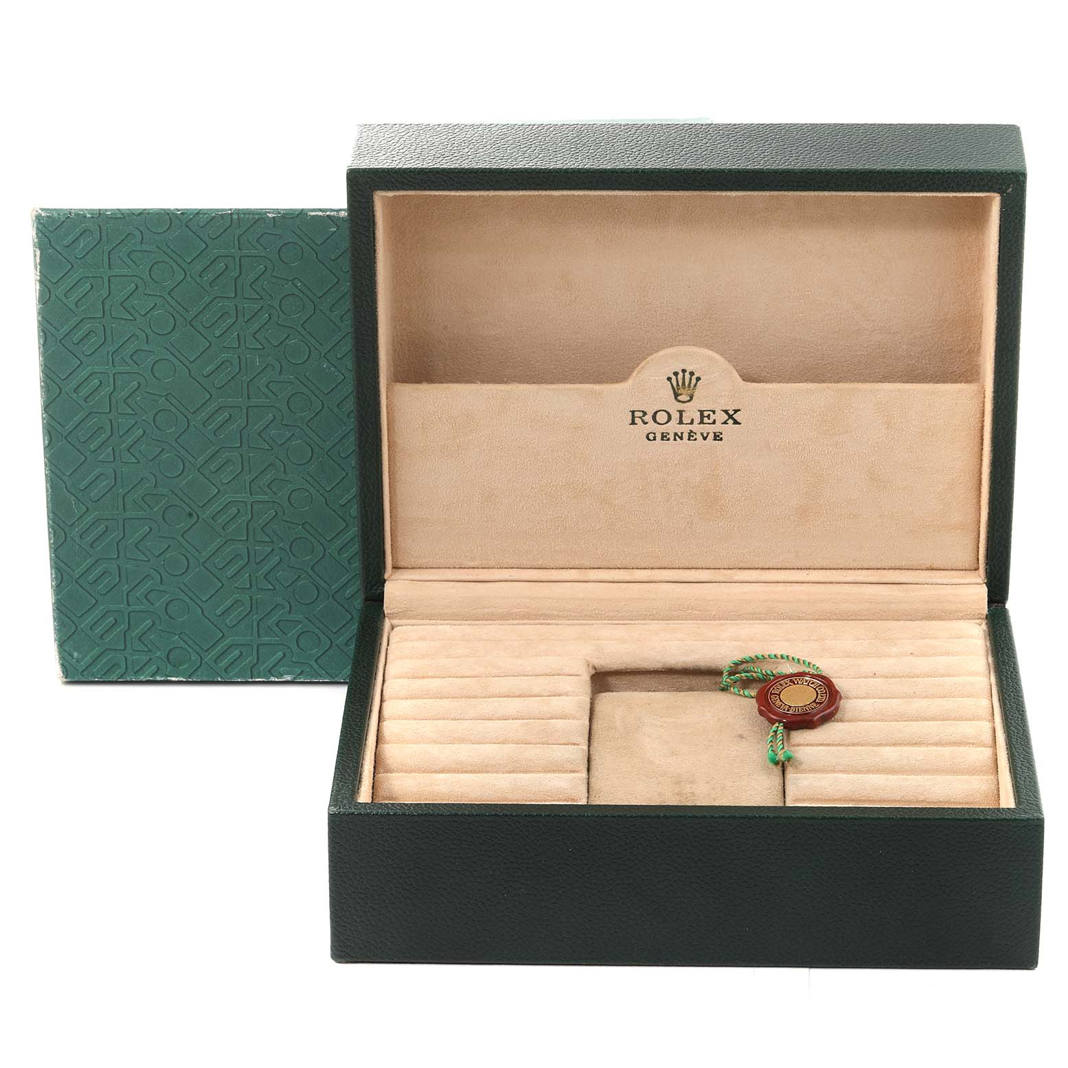 This image shows an open Rolex President 118348 Men's Yellow Gold Champagne Dial 118348 Men's Yellow Gold Champagne Dial model watch box, revealing its beige interior and compartments for holding parts.