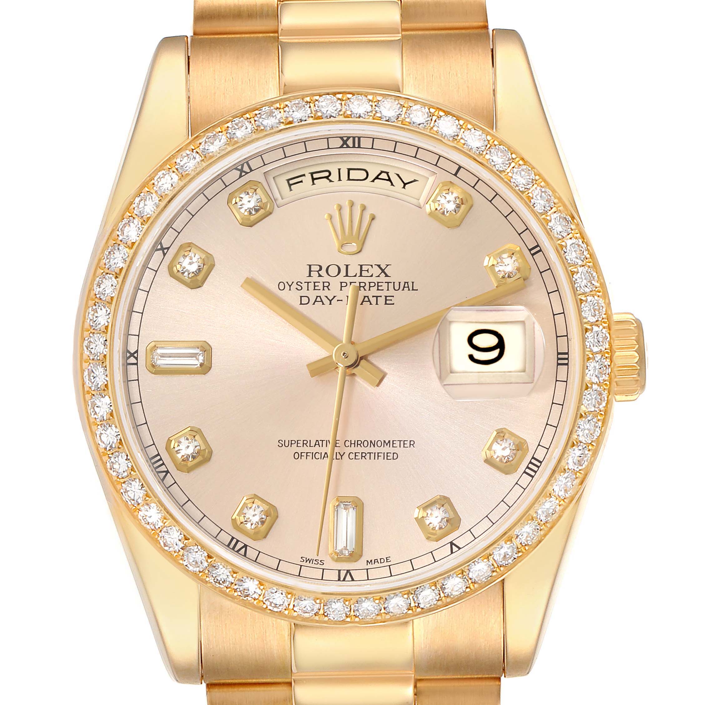 The image shows a Rolex President 118348 Men's Yellow Gold Champagne Dial 118348 Men's Yellow Gold Champagne Dial model watch, highlighting its gold casing, diamond bezel, day-date display, and gold bracelet.