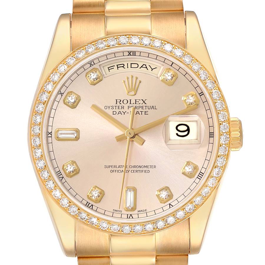Rolex President Day-Date Yellow Gold Diamond Bezel Mens Watch 118348 Box SwissWatchExpo