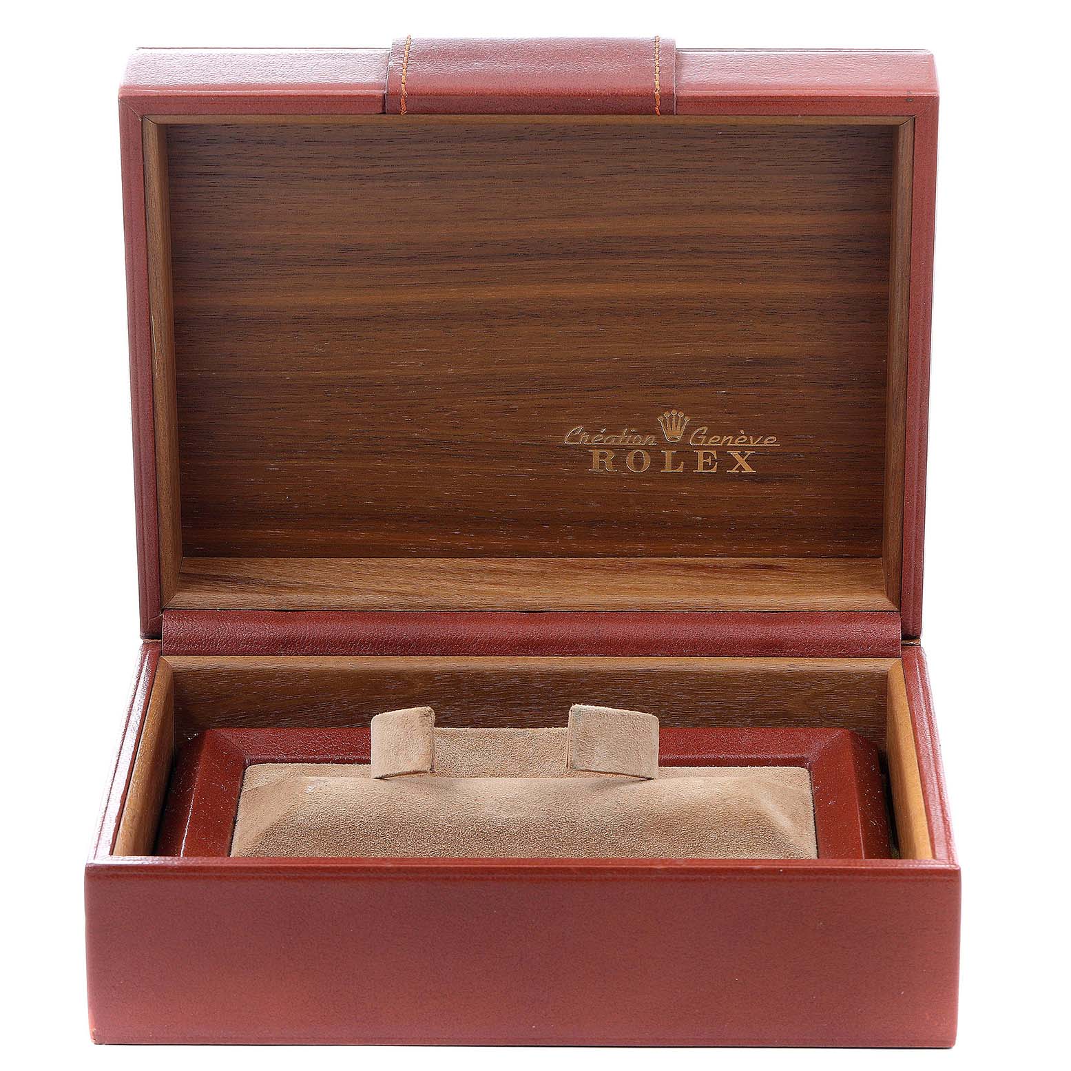 This image shows an open wooden box for the Rolex President 18108 Men
s Yellow Gold Champagne Dial 18108 Men
s Yellow Gold Champagne Dial model, with the brand
s logo and name inside the lid.